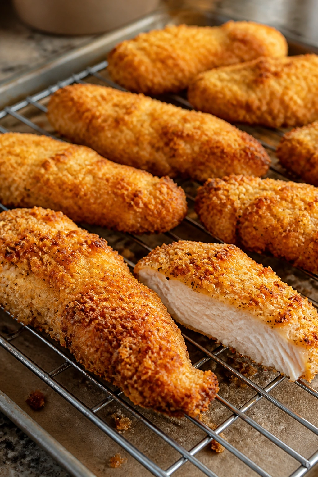 Golden baked chicken tenders on a wire rack in a home kitchen