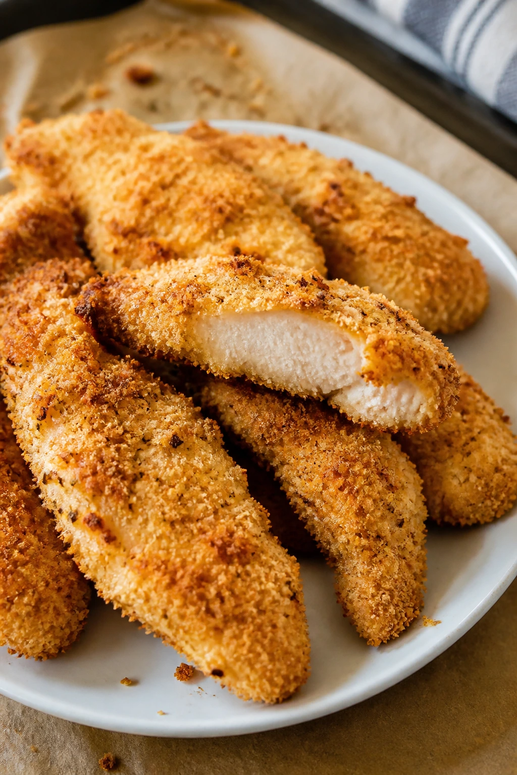 Close-up of crispy baked chicken tenders on a plate.