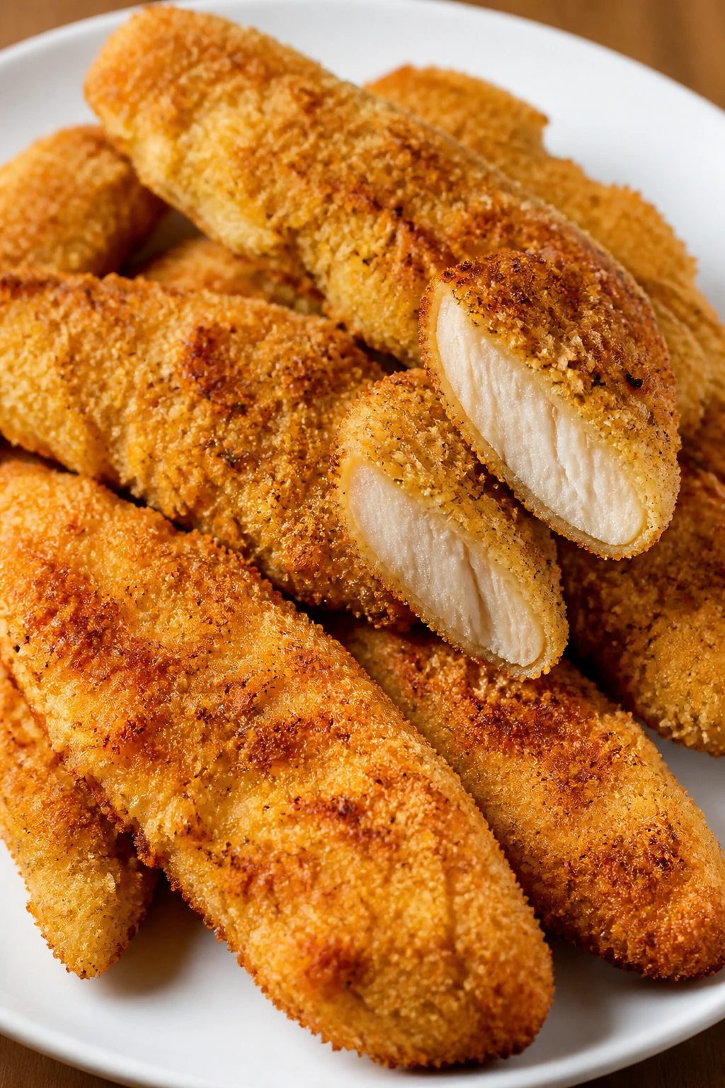 Golden baked chicken tenders on a plate with crisp coating