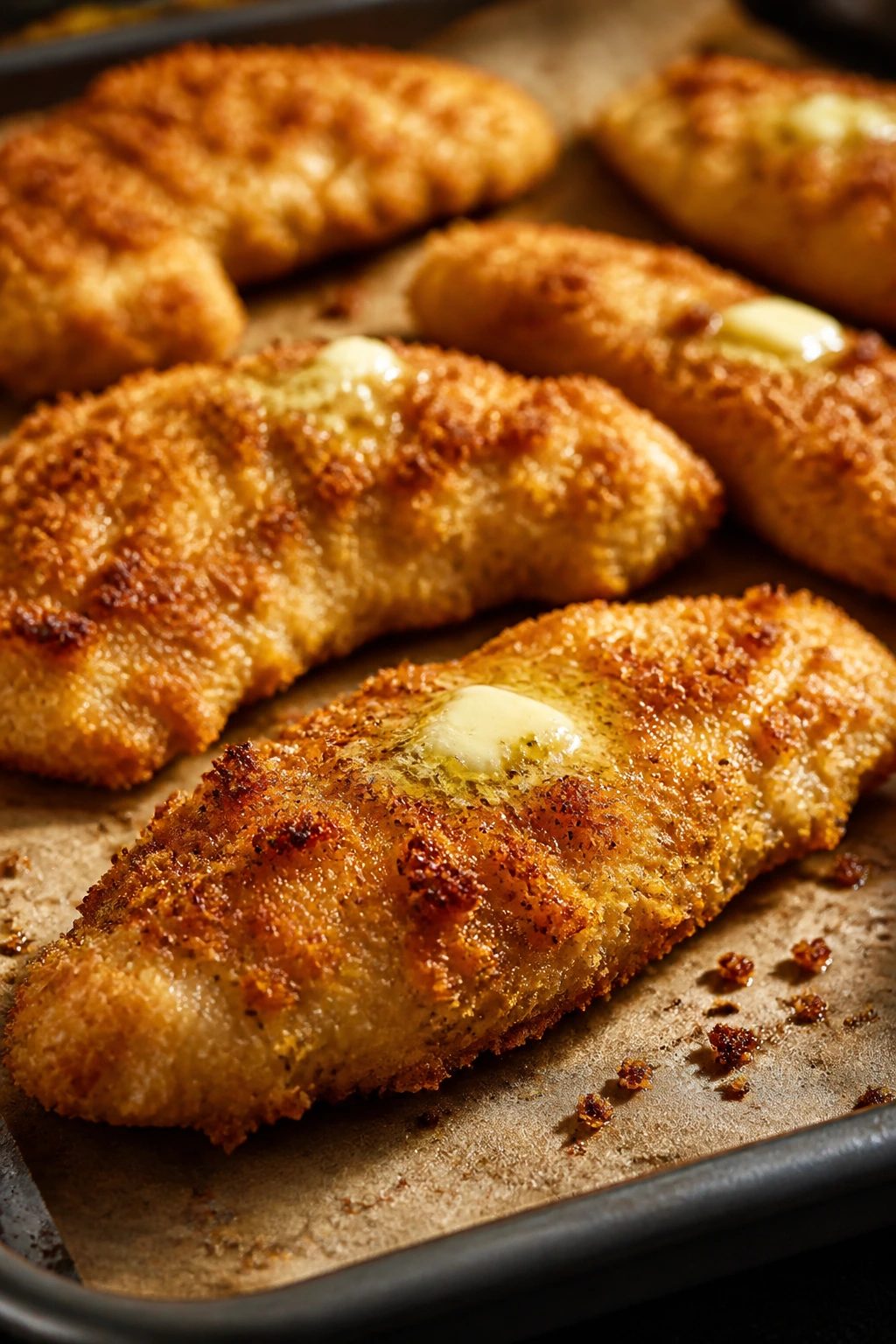 Close-up of crispy baked chicken tenders on a sheet pan