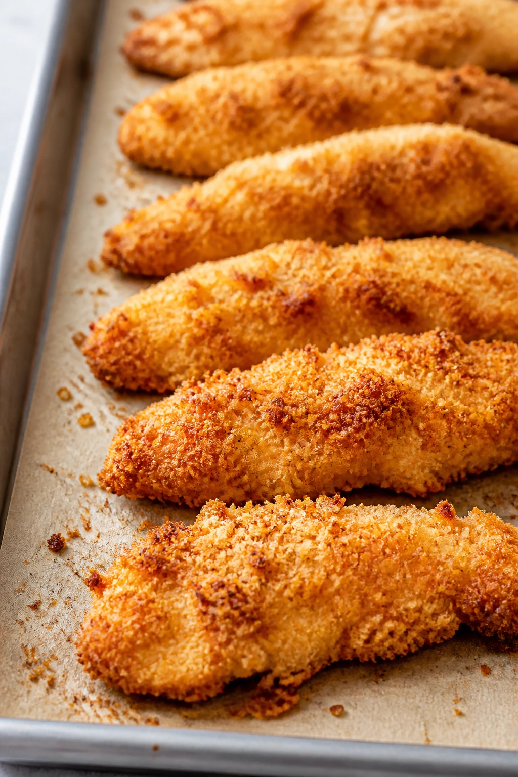 Close-up of crispy baked chicken tenders on parchment
