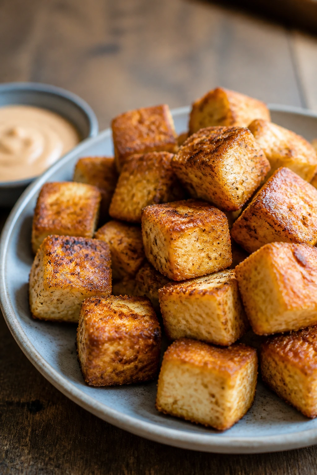 Crispy baked tofu bites on a plate with dipping sauce