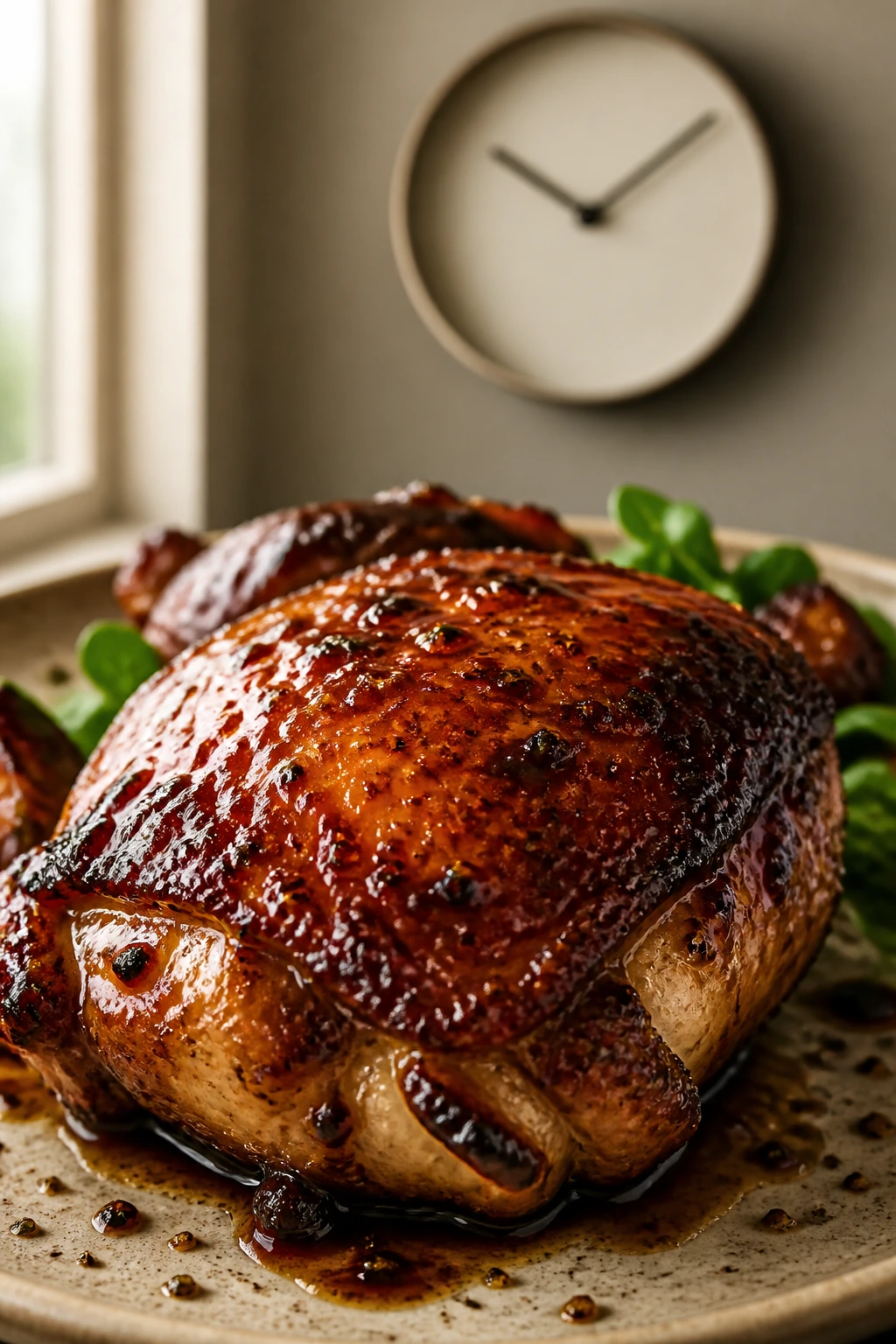 Close-up of crispy balsamic chicken thigh with clock in background