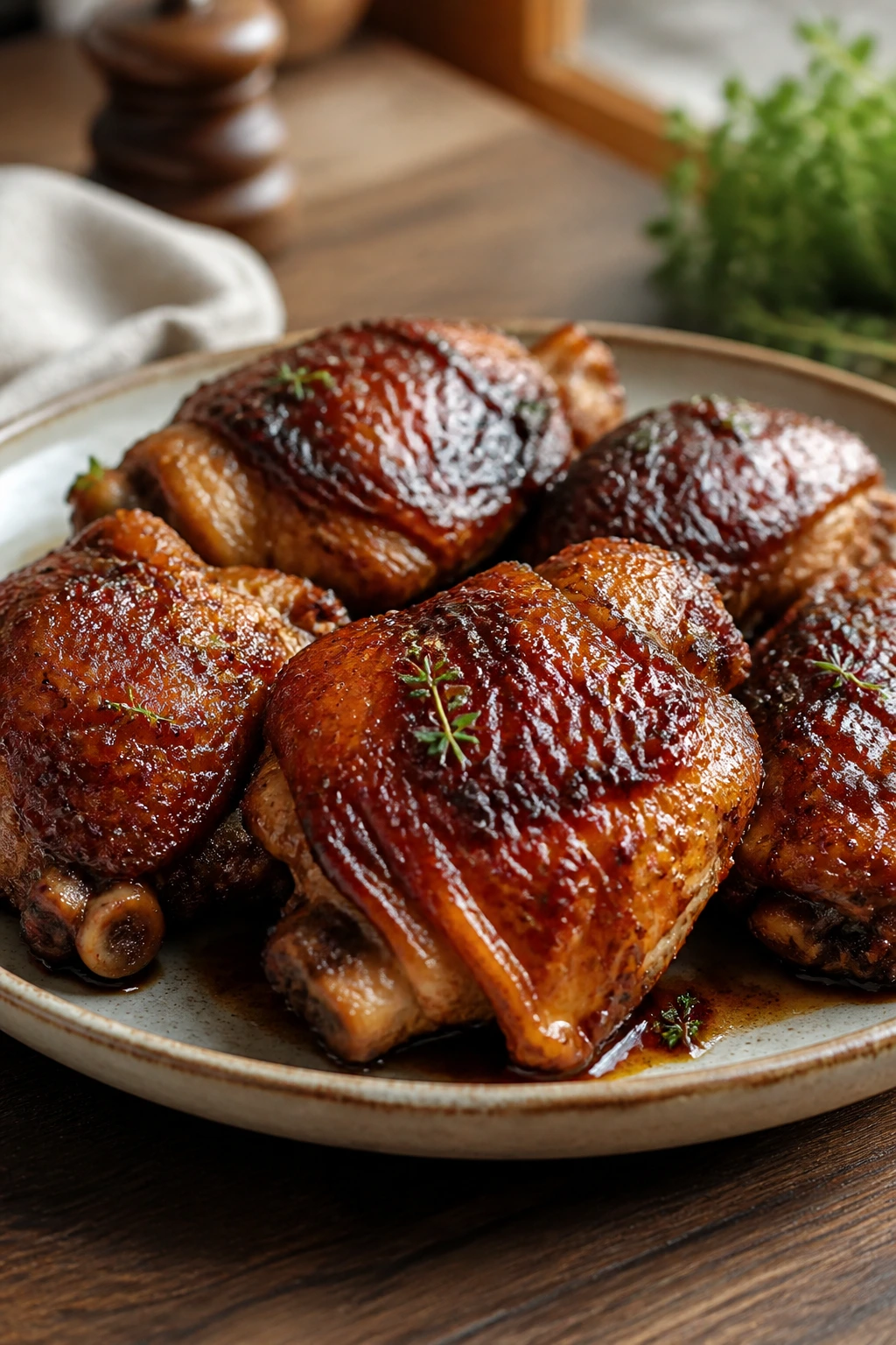 Close-up of crispy skin on balsamic glazed chicken thighs on a rustic plate in warm kitchen light