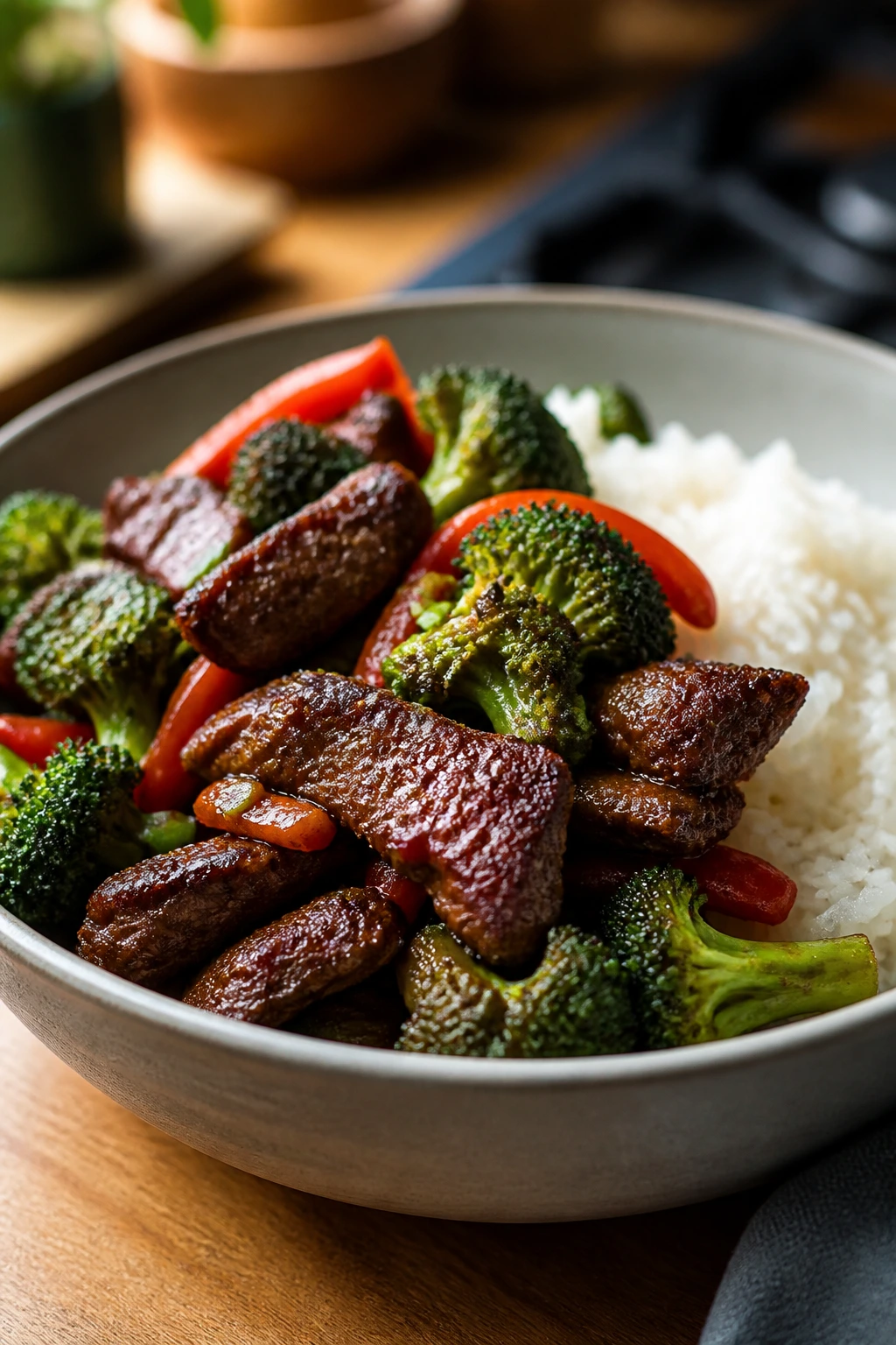 Close-up of crispy beef with broccoli and jasmine rice presented in a bowl in a warm kitchen