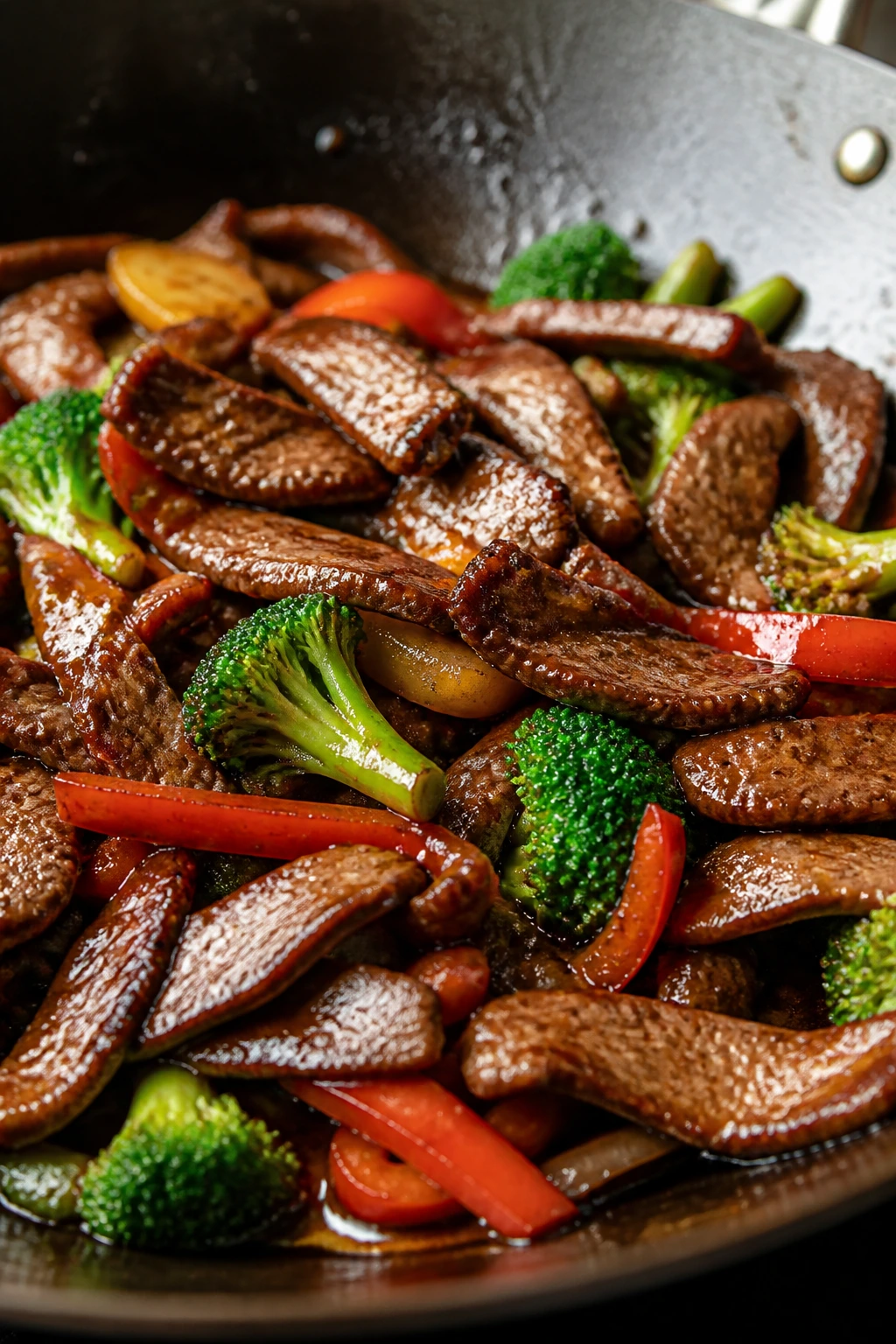Close-up of crispy beef with glossy sauce and colorful vegetables in a hot wok