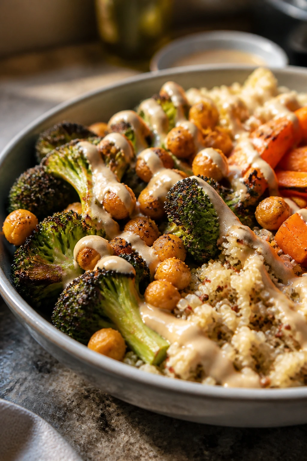 Vibrant bowl with crispy vegetables, chickpeas, and quinoa