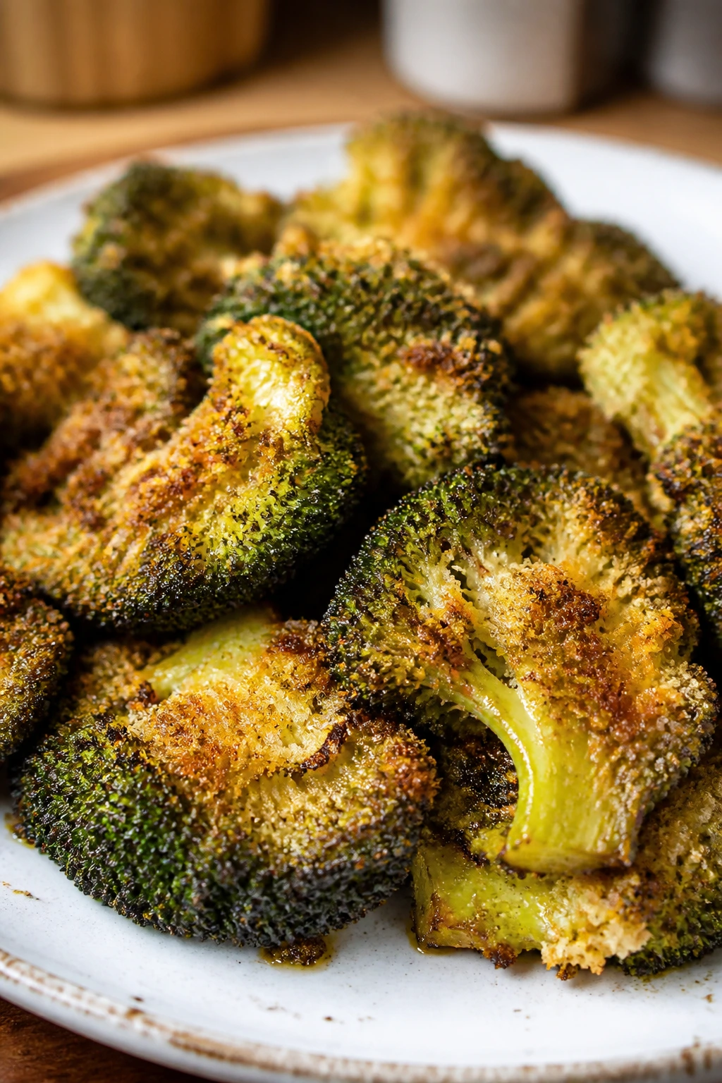 Close-up of crispy smashed broccoli florets with breadcrumb-Parmesan crust on a plate in a warm kitchen