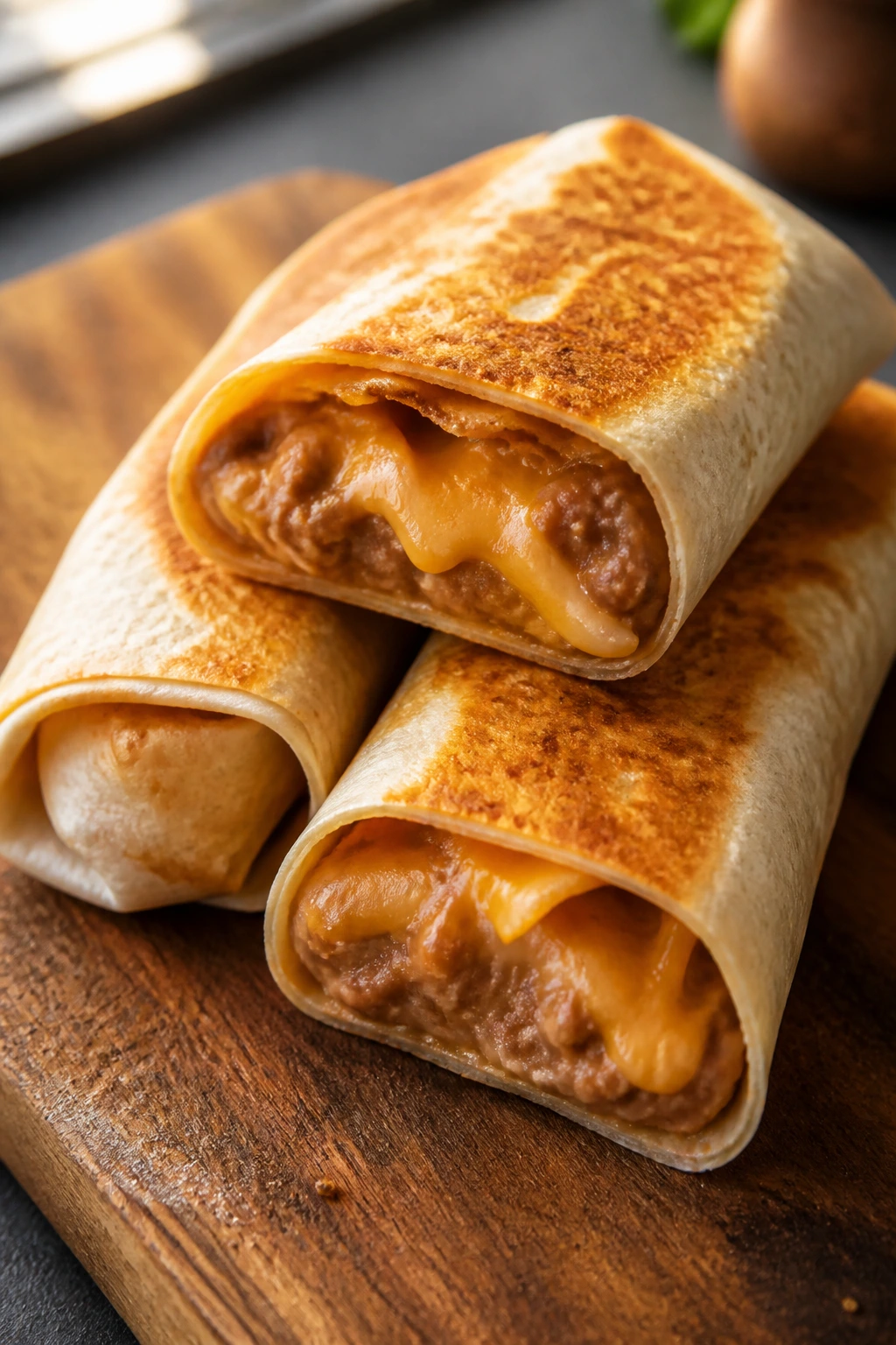 Close-up of crispy burritos with melted cheese and bean filling on a wooden board in a cozy kitchen
