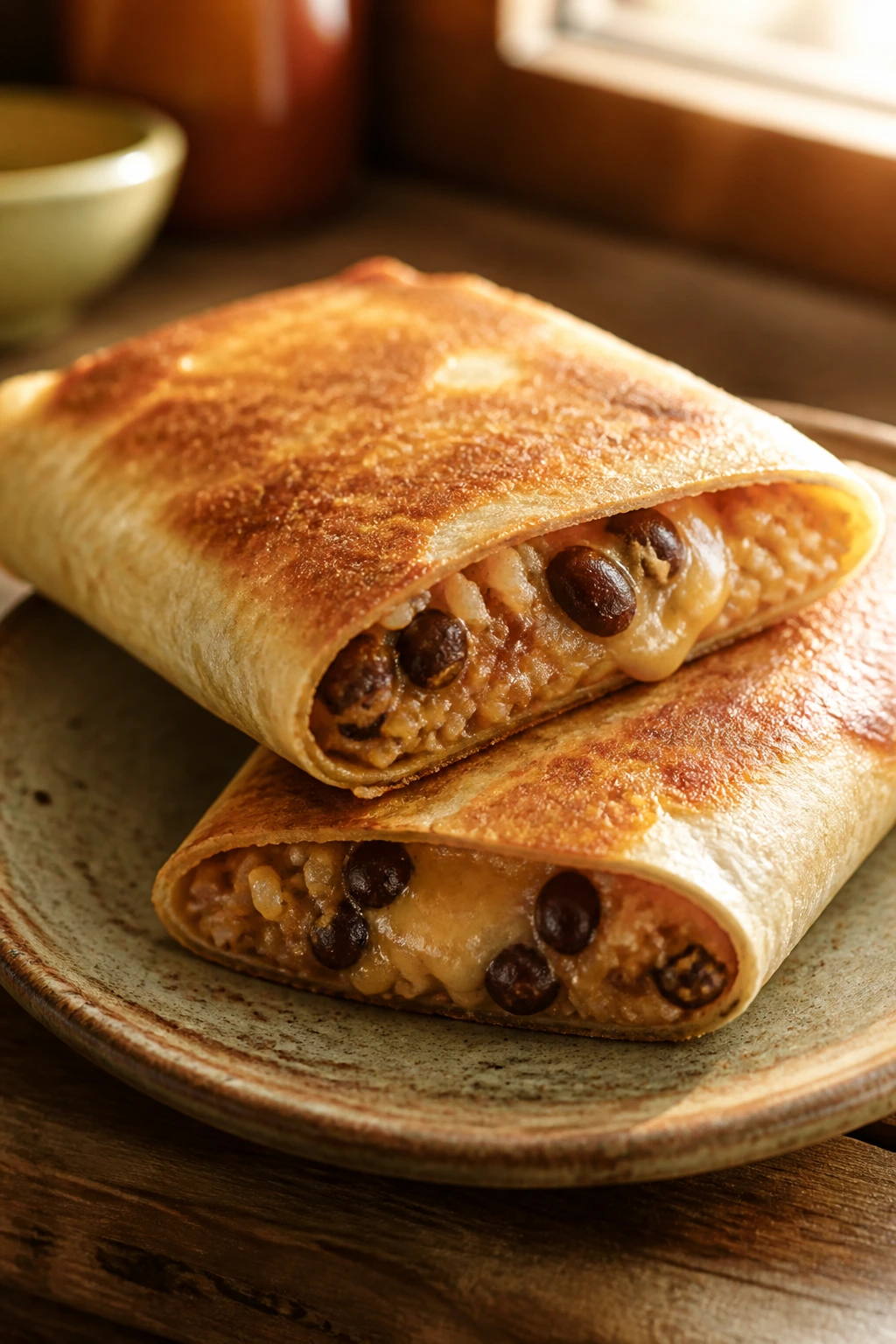 Close-up of crispy bean burritos on a rustic plate showing filling