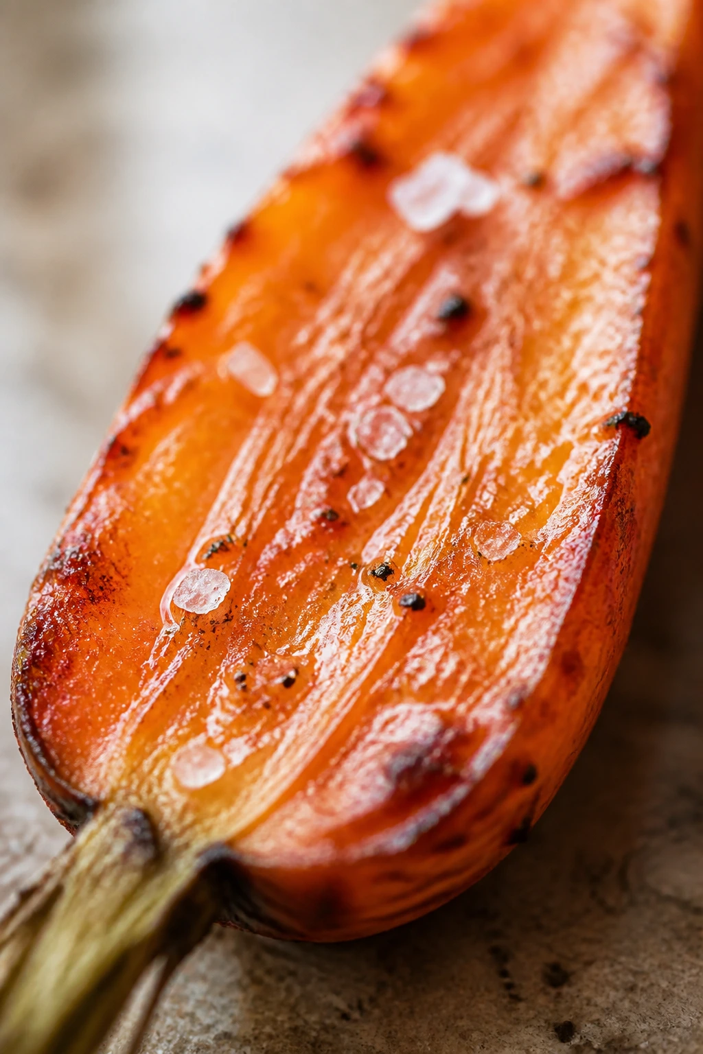 Close-up of a crispy roasted carrot half with salt and oil on a warm kitchen counter