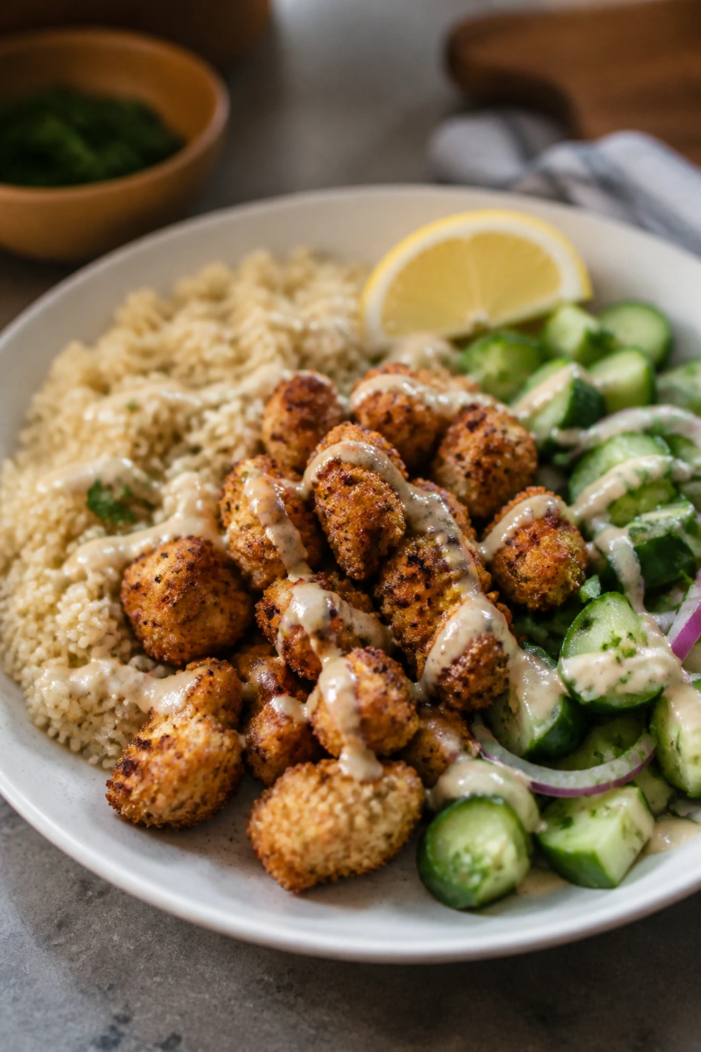 Plate centered on a crispy centerpiece with grains and greens