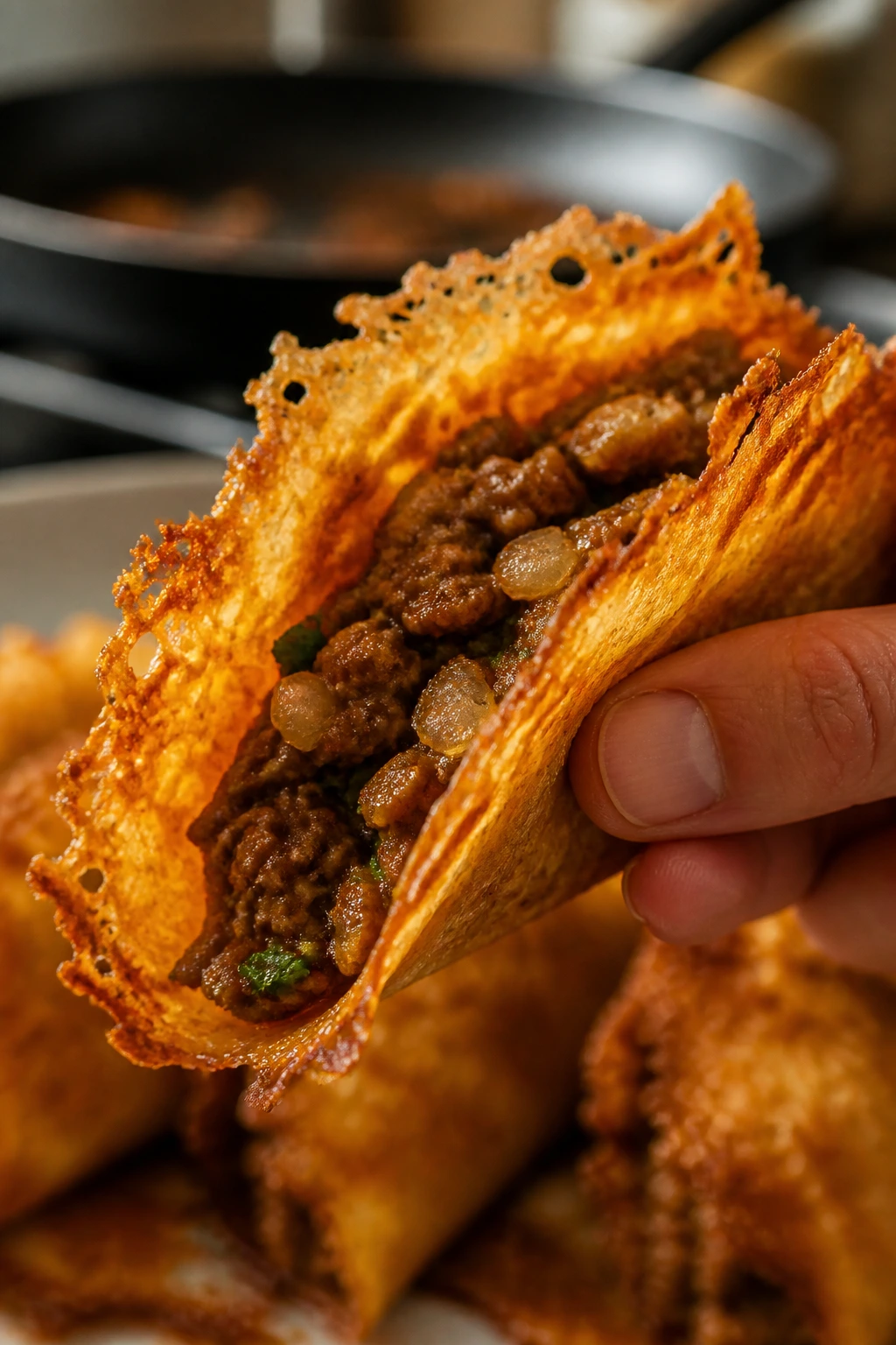 Close-up of a crispy cheese-shell beef taco
