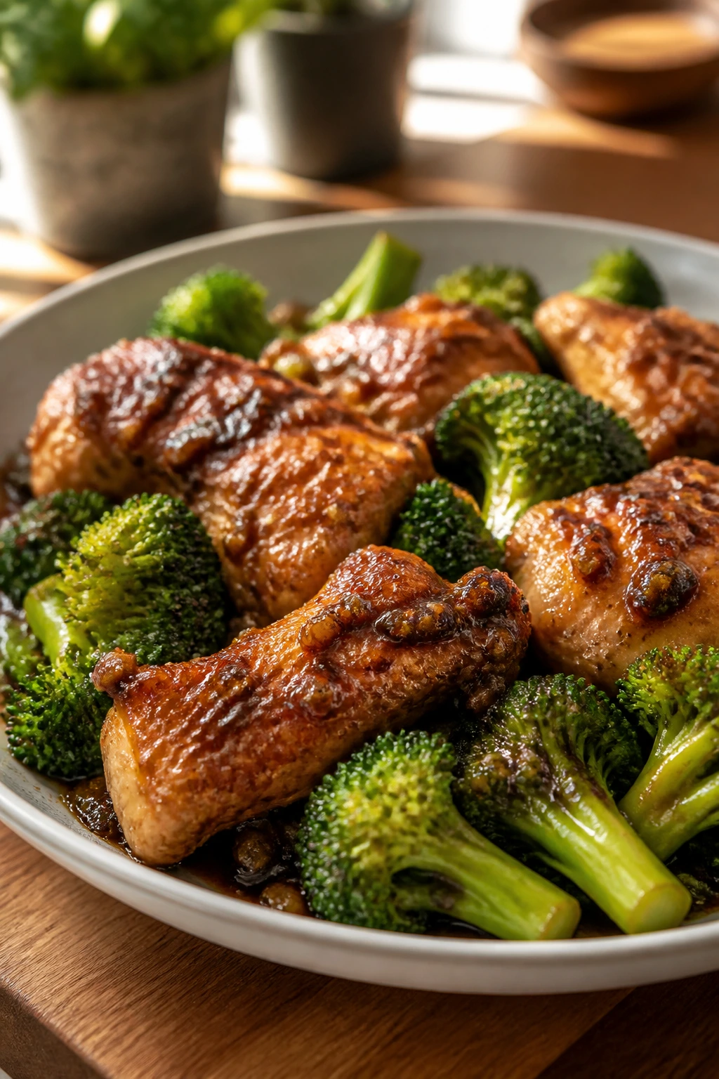 Bronzed chicken and bright broccoli in glossy sauce on plate
