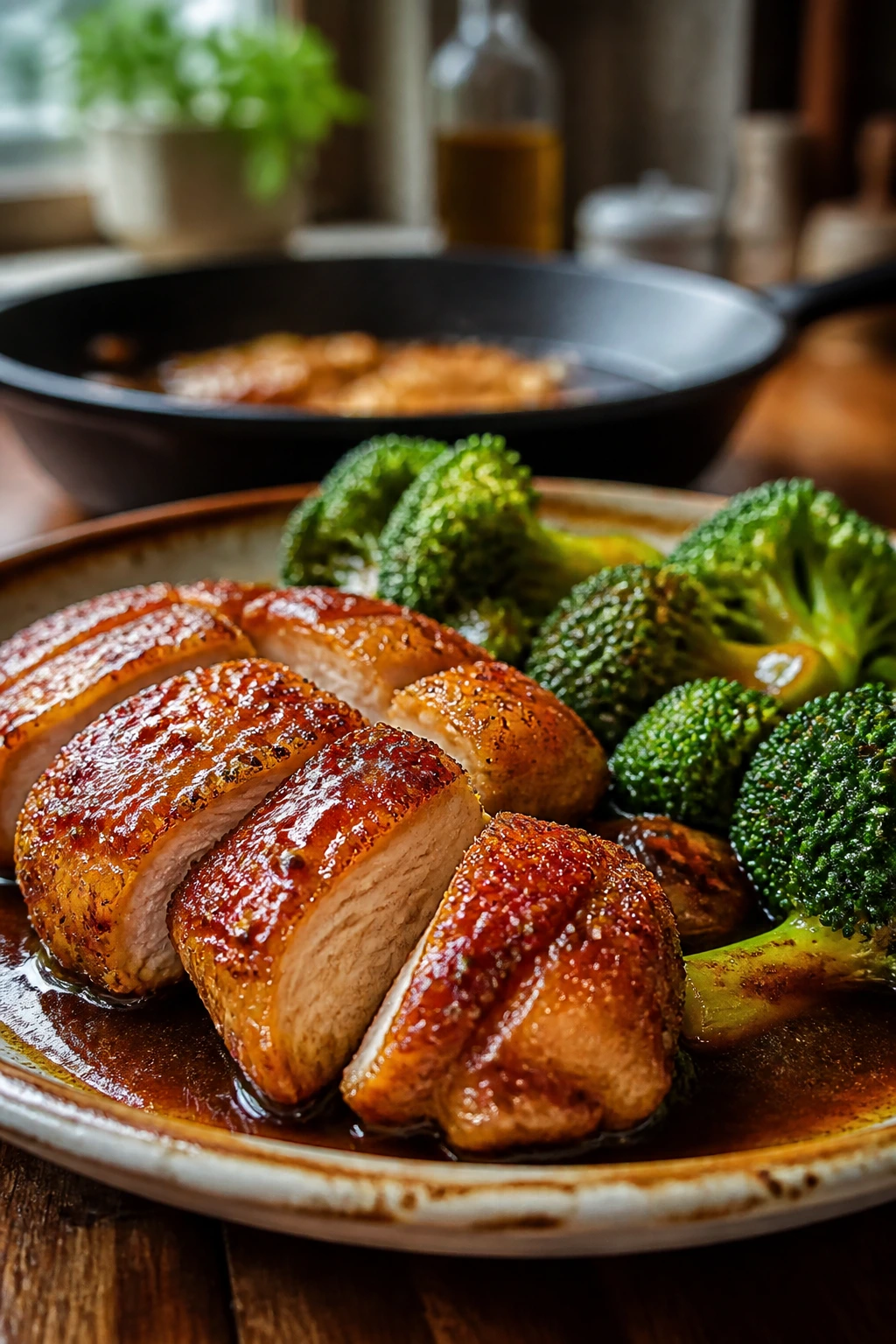Close-up of crispy chicken thigh with broccoli and glossy sauce on a rustic plate in a warm kitchen