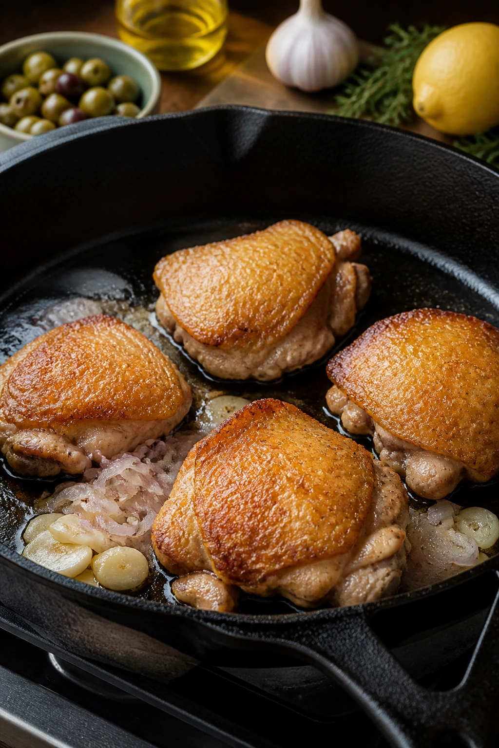 Raw to cooked chicken thigh browning in a skillet