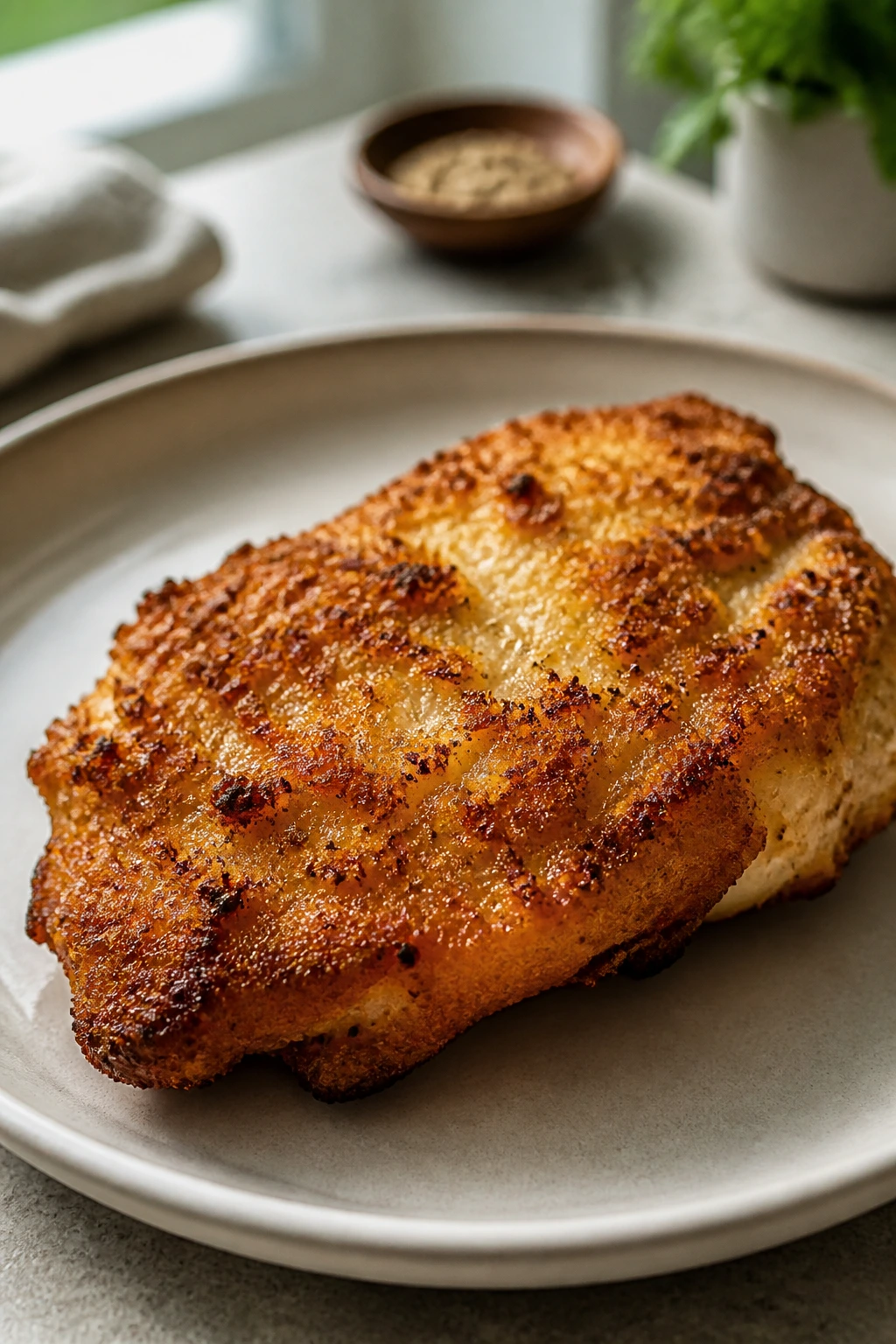 Crispy chicken on plate with crisp crust visible