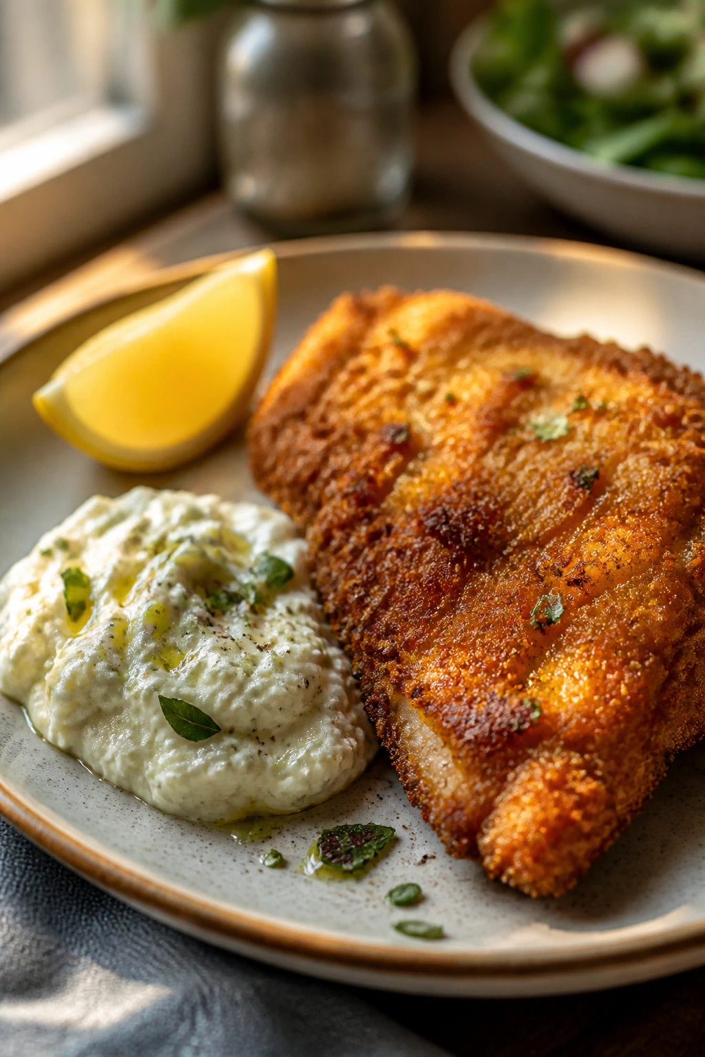 Plate with crispy chicken and cottage cheese sauce on a warm table