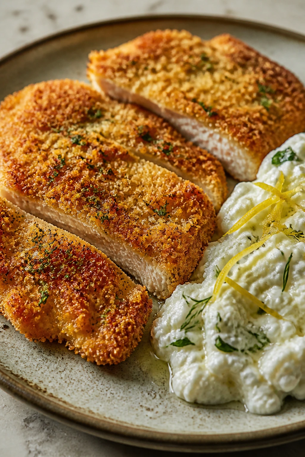 Close-up of crispy chicken cutlets with cottage cheese sauce on a rustic plate
