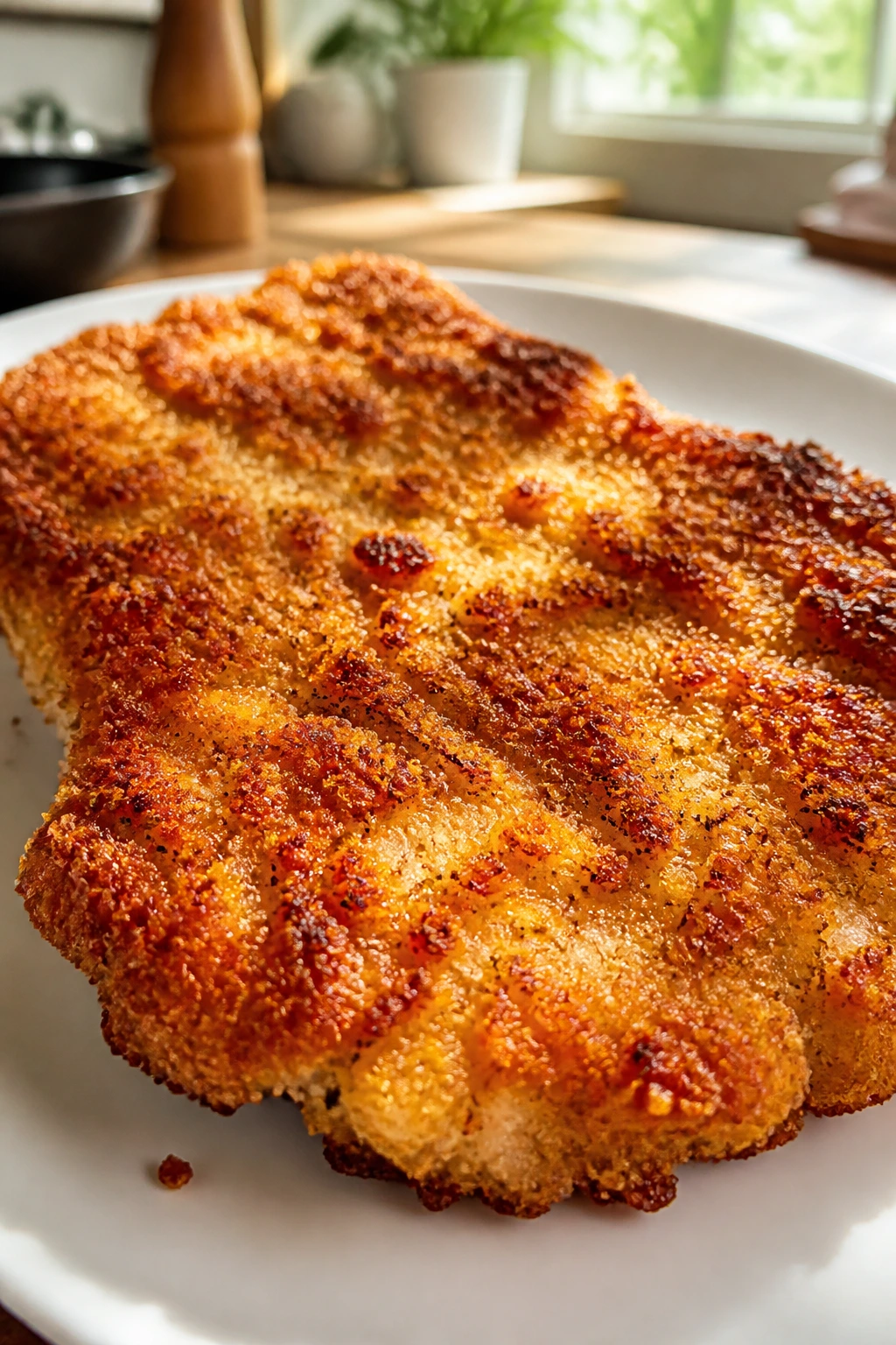 Close-up of a crispy chicken cutlet with a textured golden crust on a plate in a warm kitchen.
