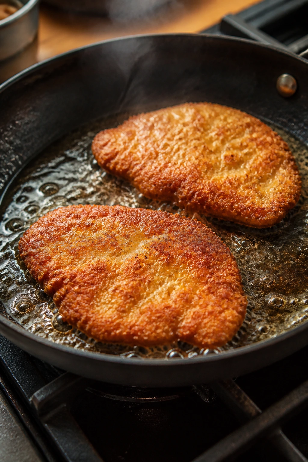 Close-up of deep golden crusted chicken cutlets frying in hot oil