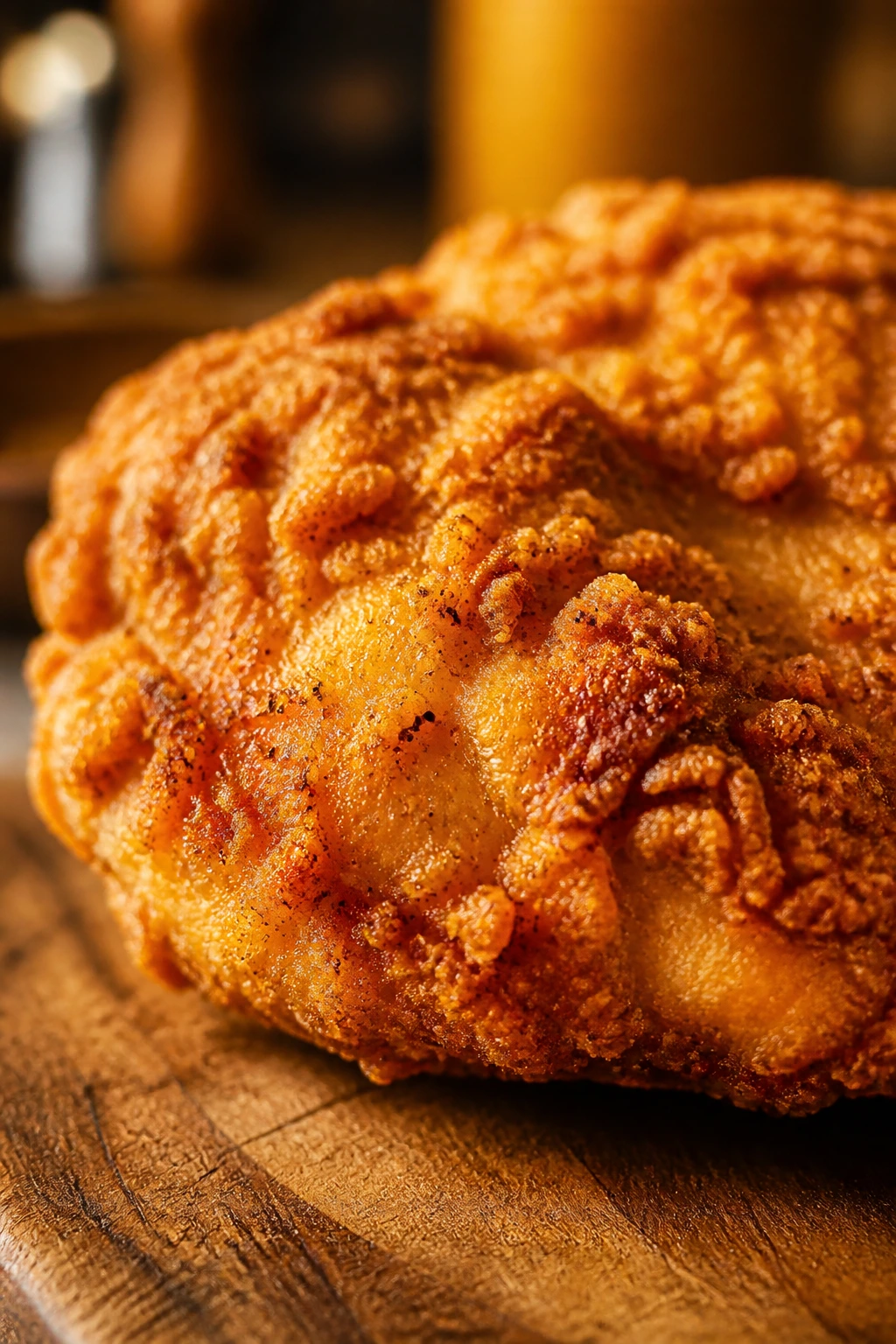 Macro shot of crispy chicken crust showing texture and color