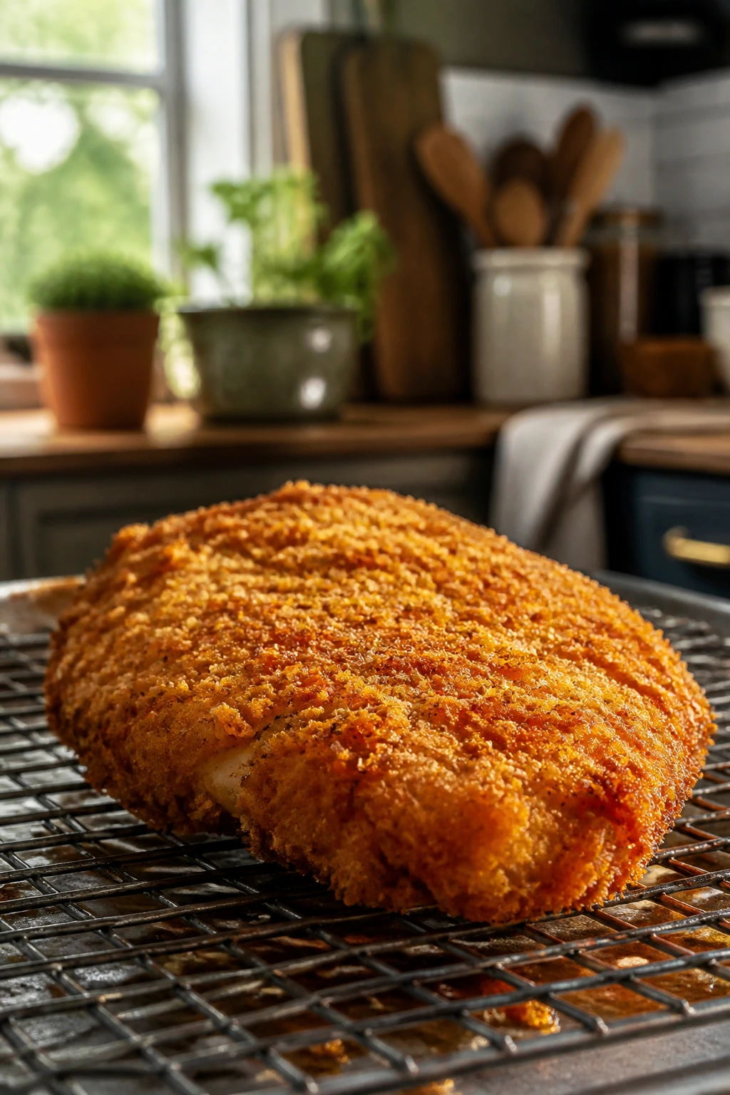 Close-up of a breaded chicken cutlet on a wire rack showing a crispy Parmesan crust.