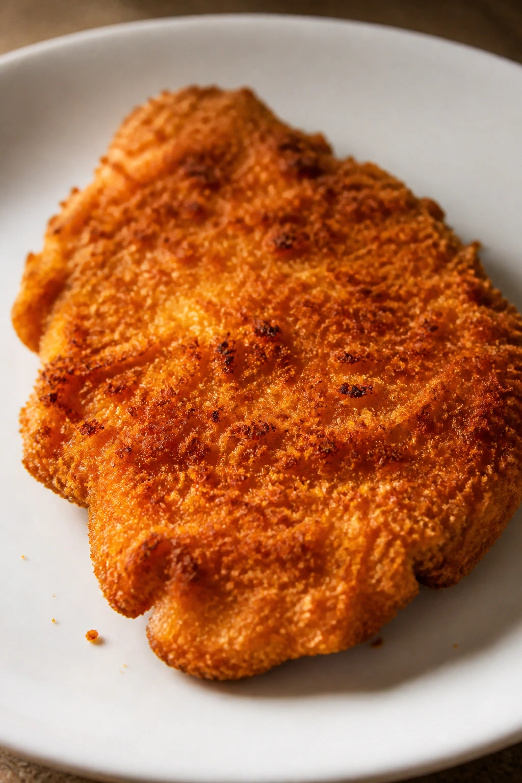Single crispy chicken cutlet on a plate in a warm kitchen