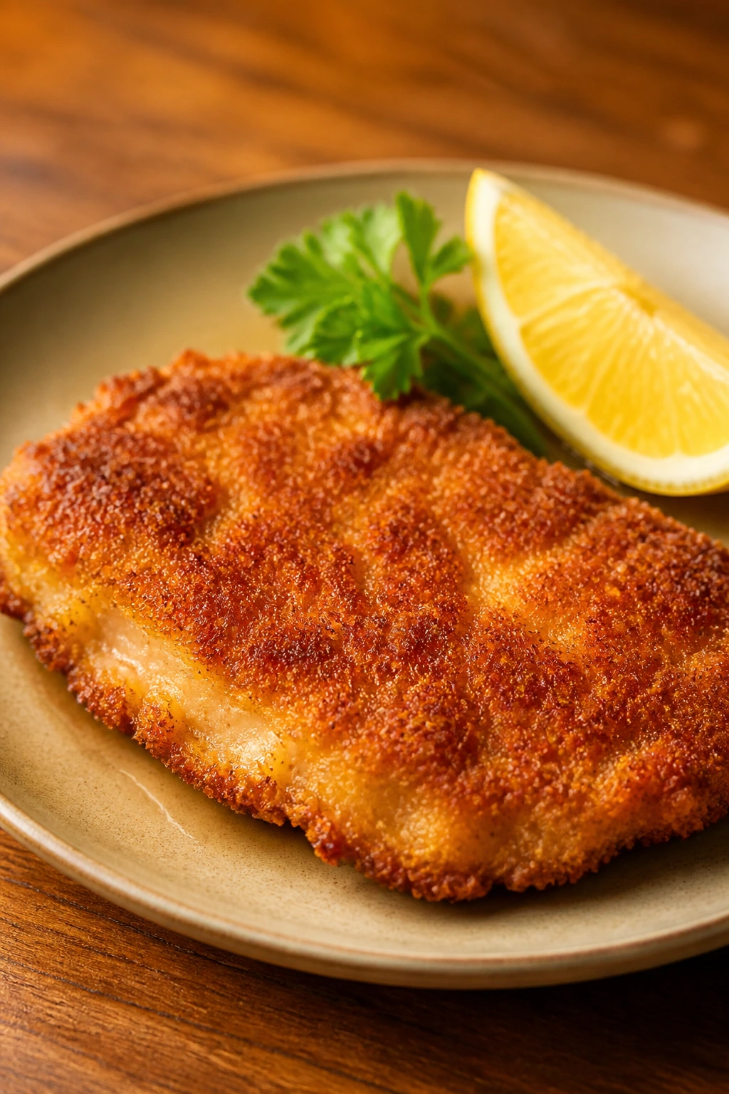 Crispy chicken cutlet plated with lemon and parsley garnish