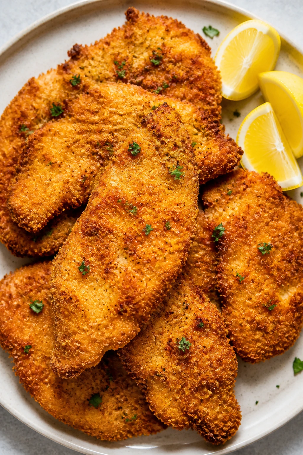 Top-down plate of crispy breaded chicken cutlets with lemon wedges