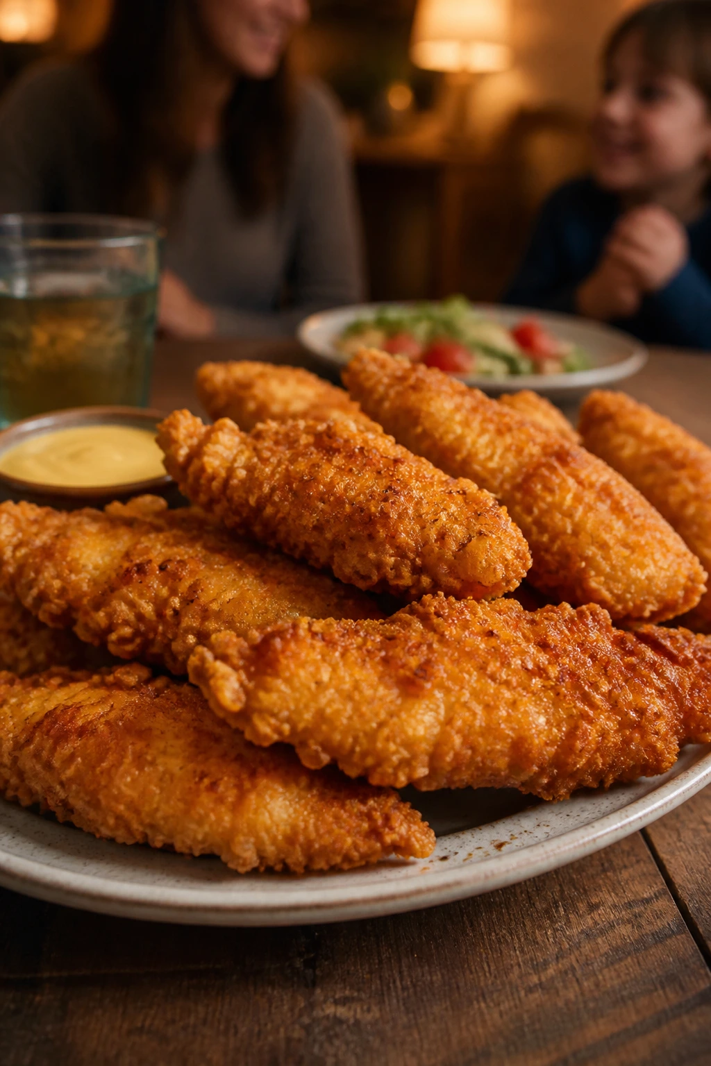 Plate of crispy chicken strips on a rustic table in a cozy dinner setting
