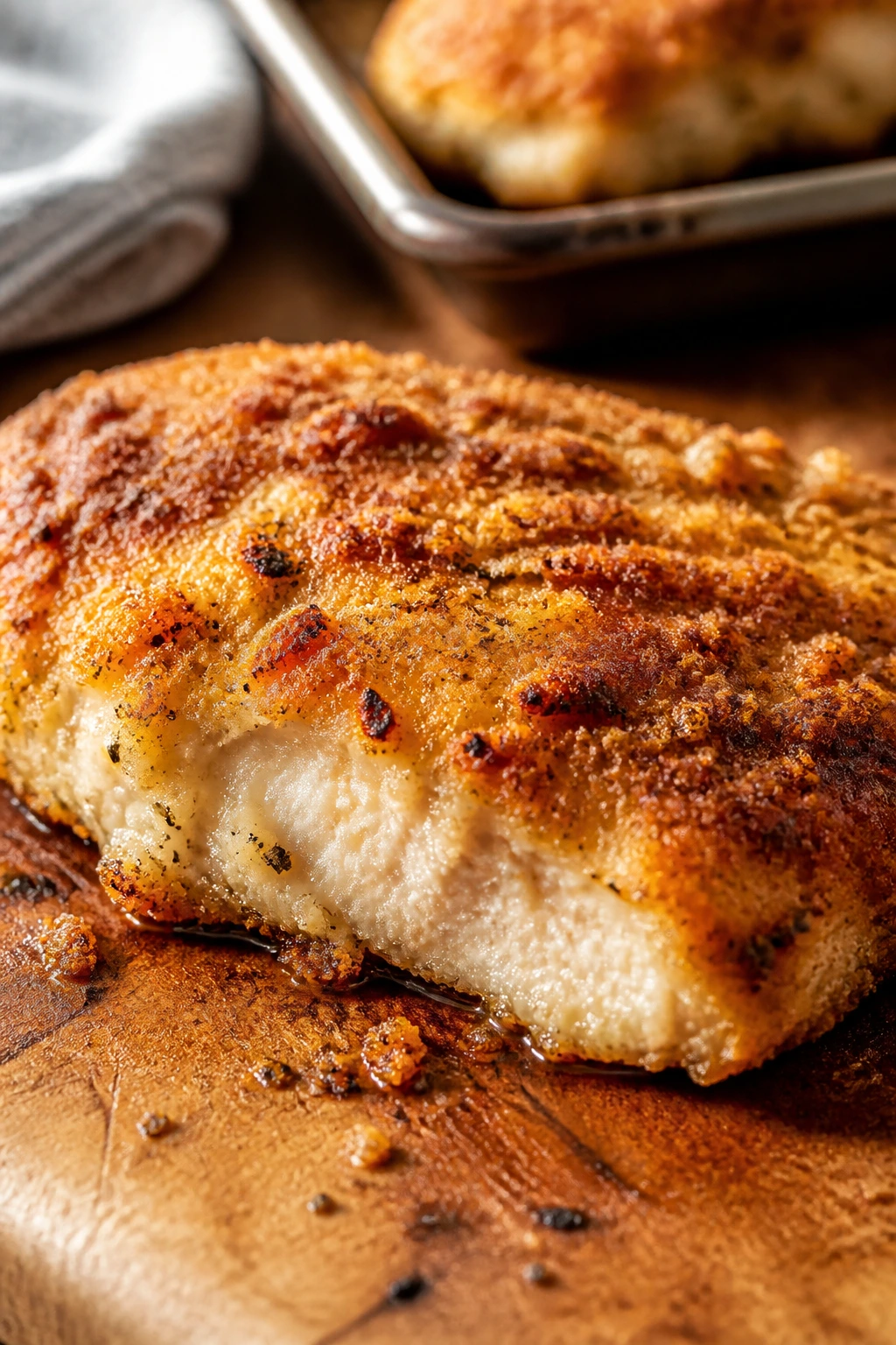 Close-up of a crispy golden chicken cutlet with crackly crust on a plate