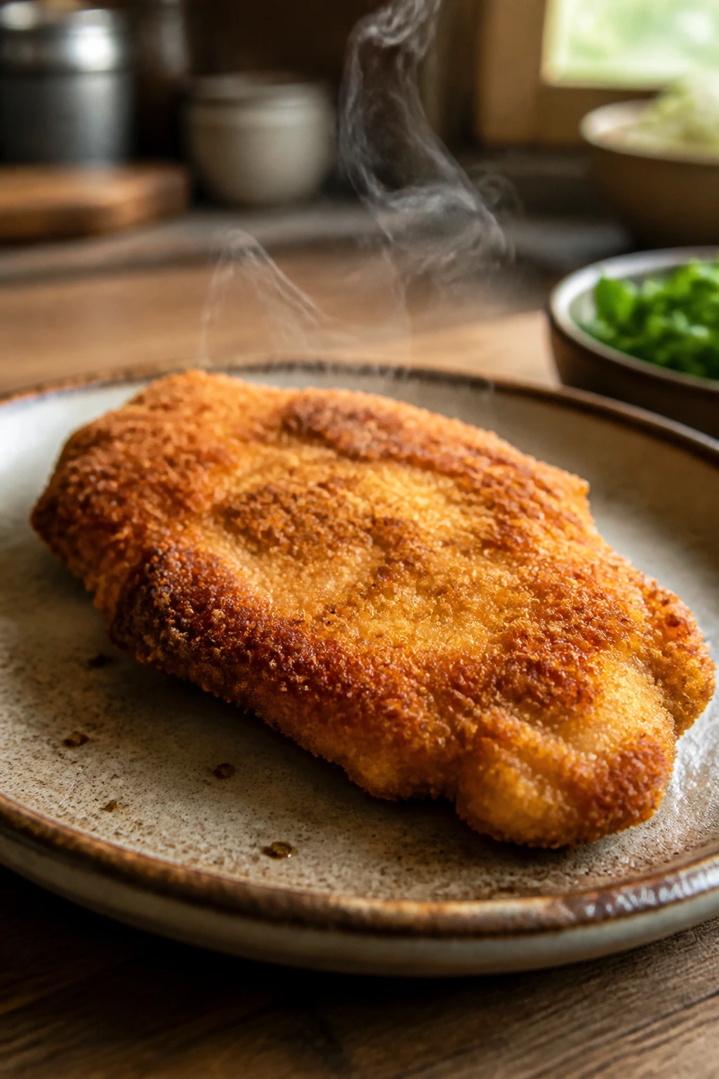 Close-up of crispy chicken dinner cutlet on a rustic plate