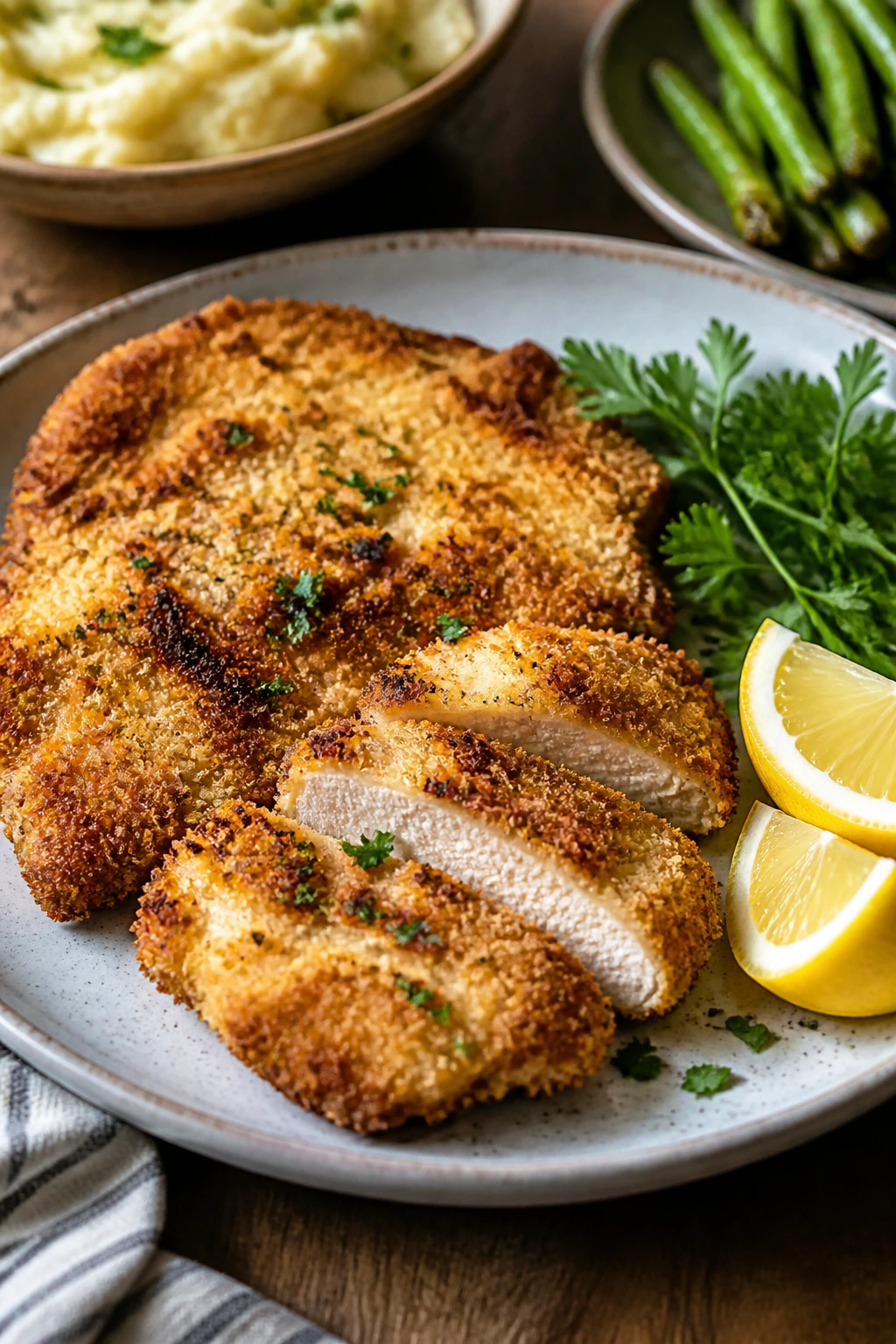 Close-up of parmesan-panko crusted chicken on a plate with lemon and parsley