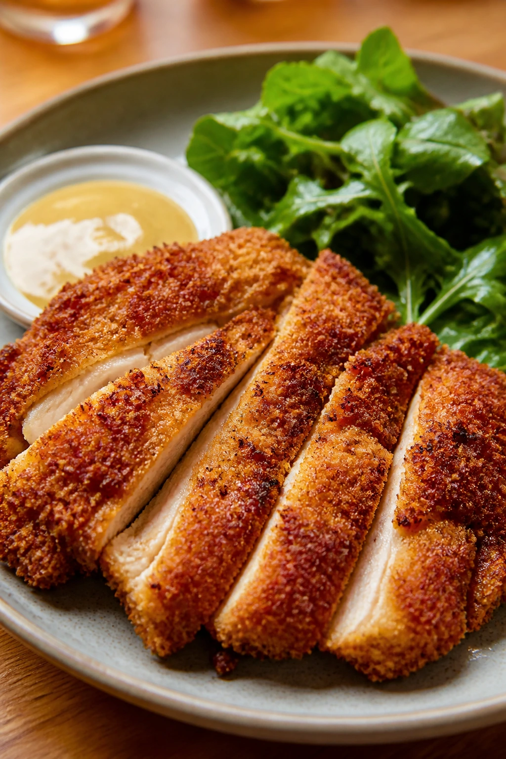 Plate with crispy chicken cutlet and greens on a dining table