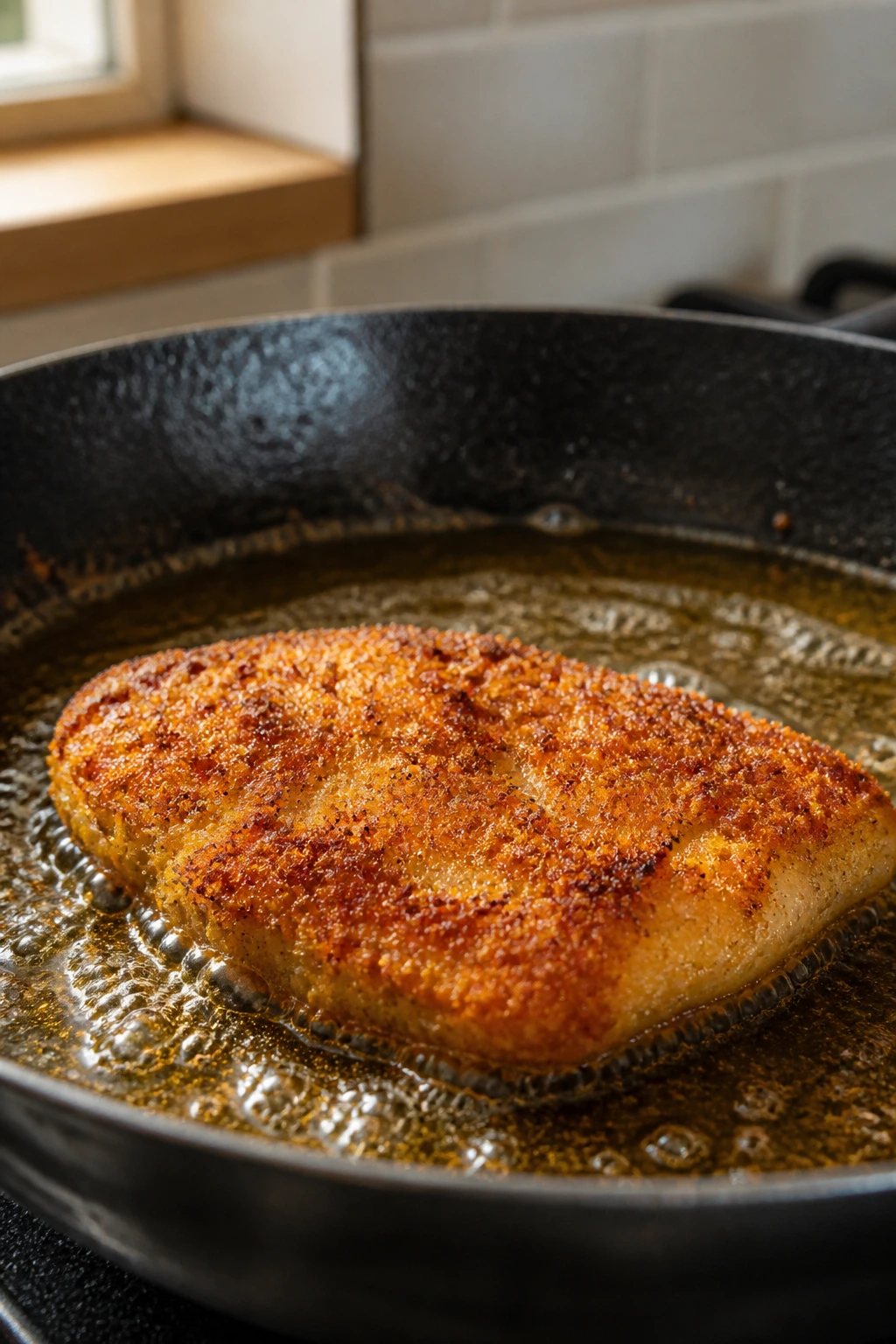 Close-up of a breaded chicken piece frying in a skillet with golden crust.