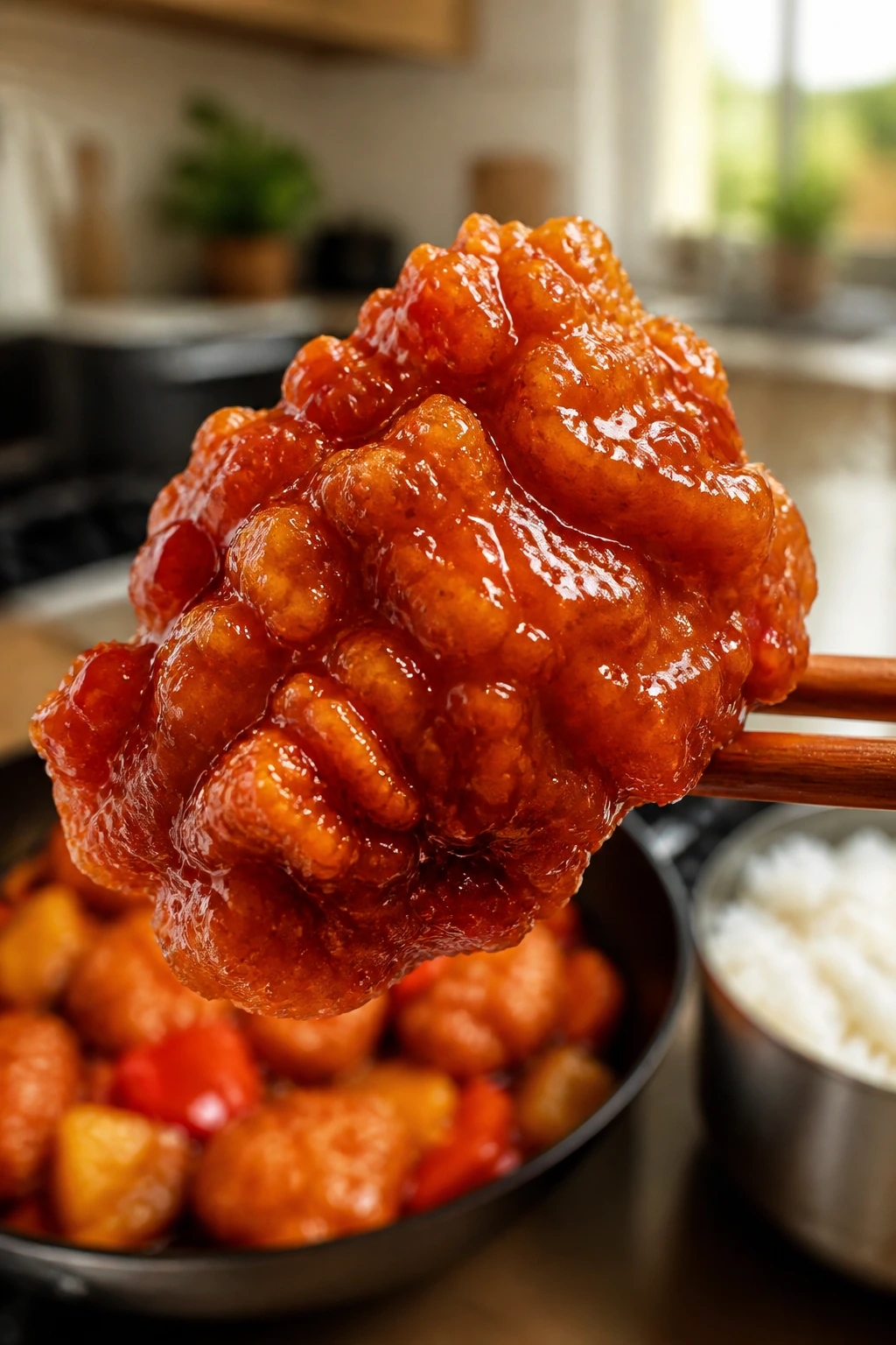 Close-up of a crispy fried chicken piece with glossy tangy glaze in a bright kitchen