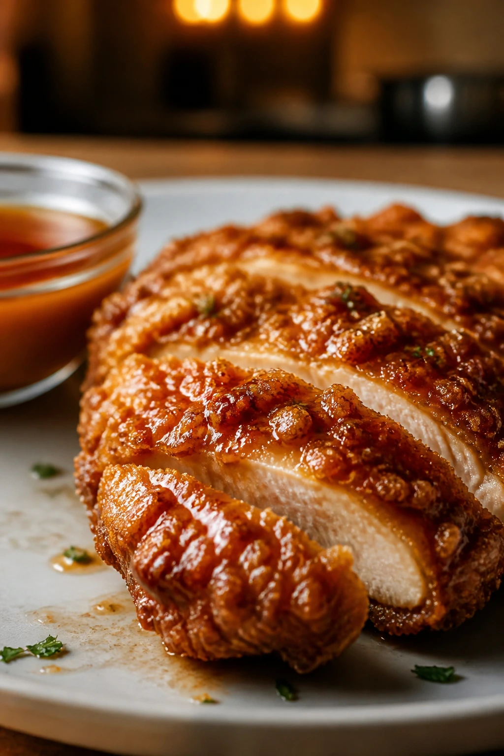 Glazed crispy chicken crust with glossy sauce finish