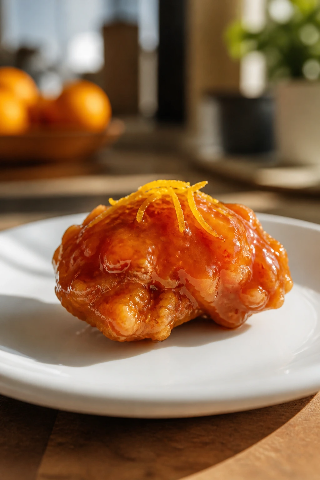 Close-up of crispy chicken in glossy sweet-and-sour sauce with orange zest in a warm kitchen