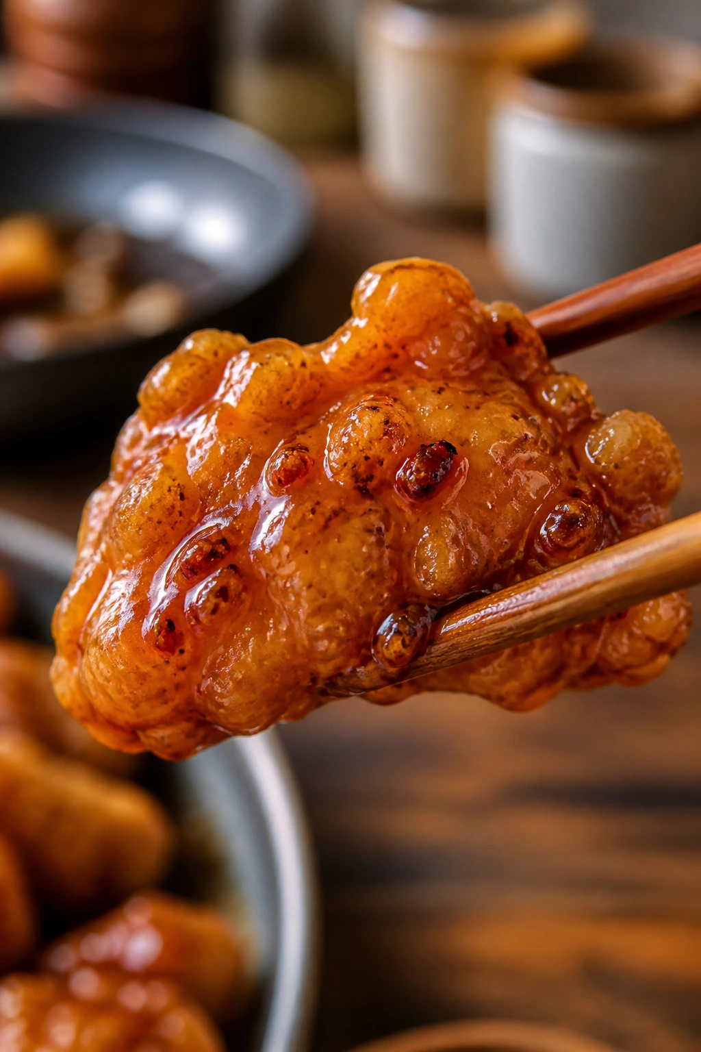 Glossy honey-glazed crispy chicken with savory coating in a kitchen