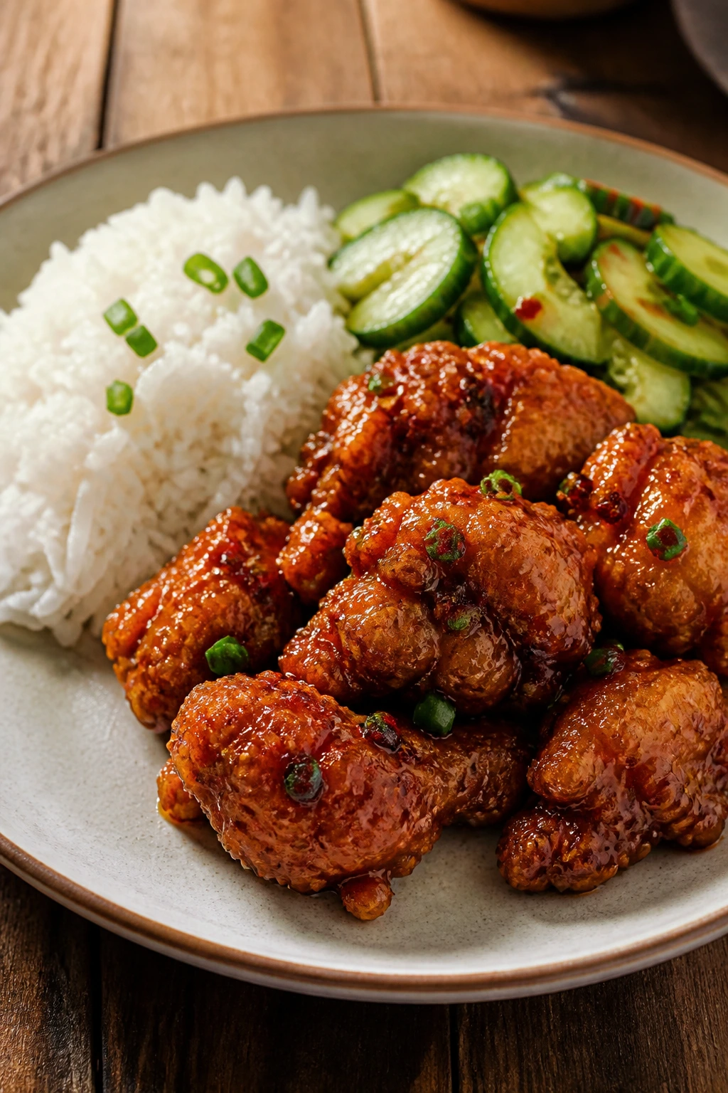 Plate of crispy chicken with jasmine rice and cucumber salad on a wide plate