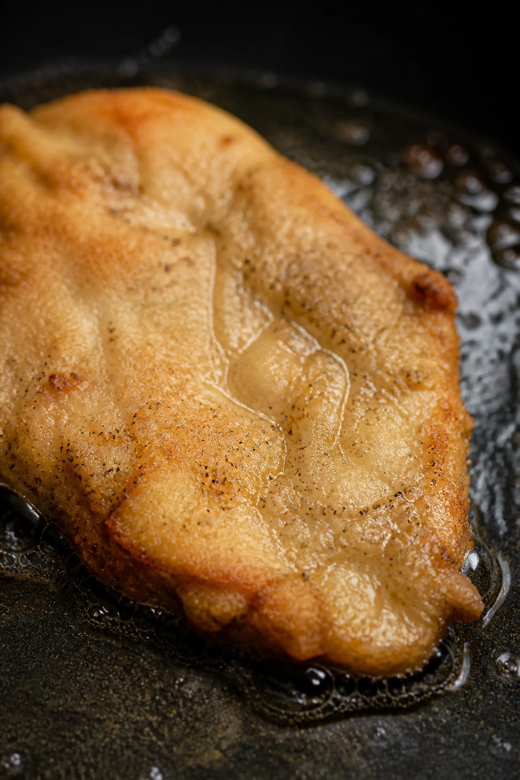 Close-up of a chicken piece with uneven crust to illustrate common mistakes.