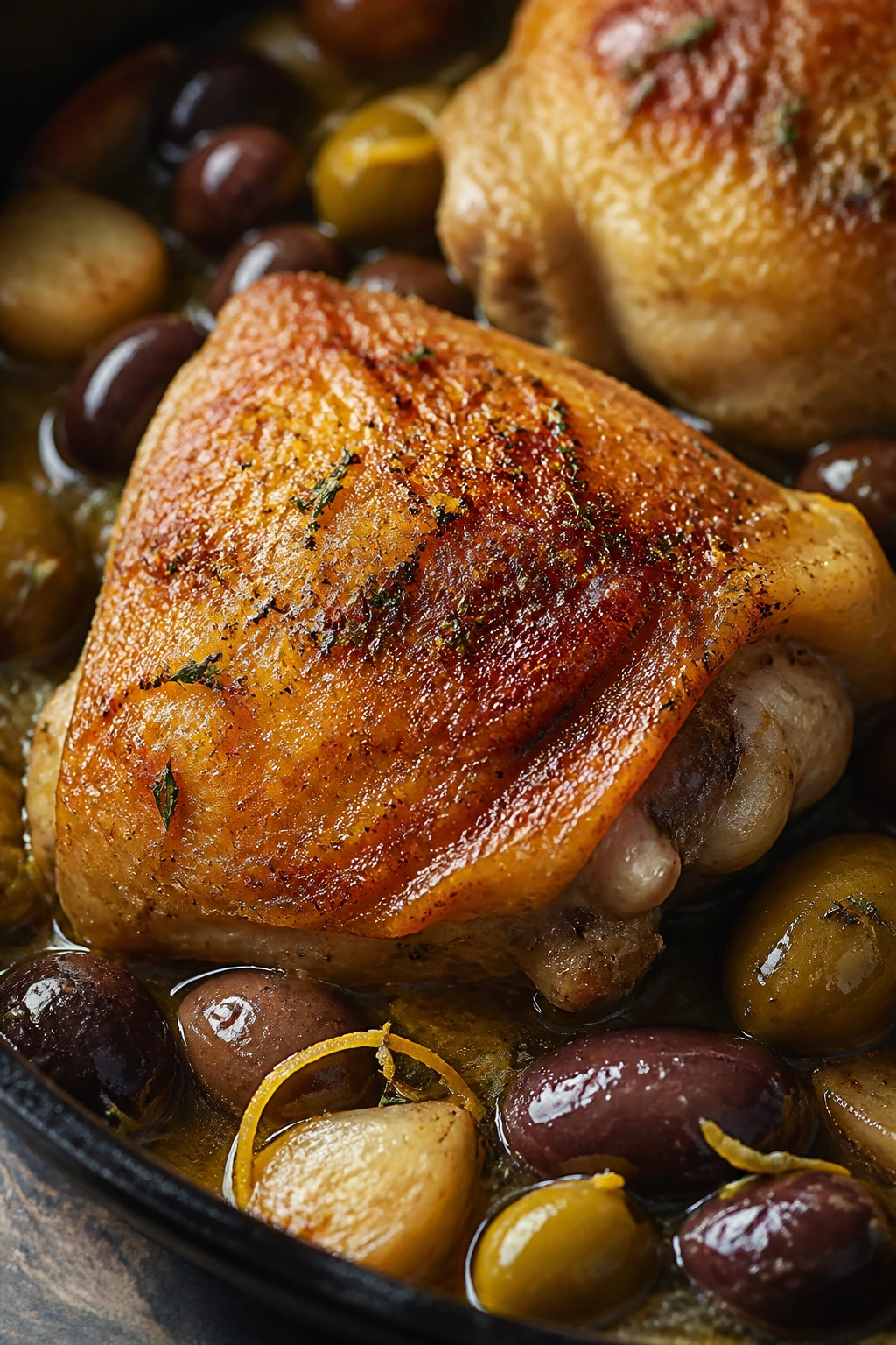 Crispy chicken thigh with olives in a warm kitchen skillet