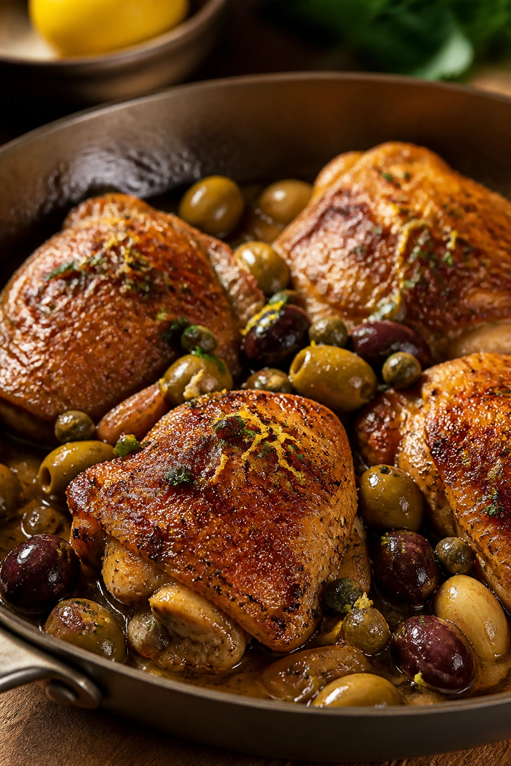 Close-up of bone-in chicken thighs with crackly skin in olive sauce