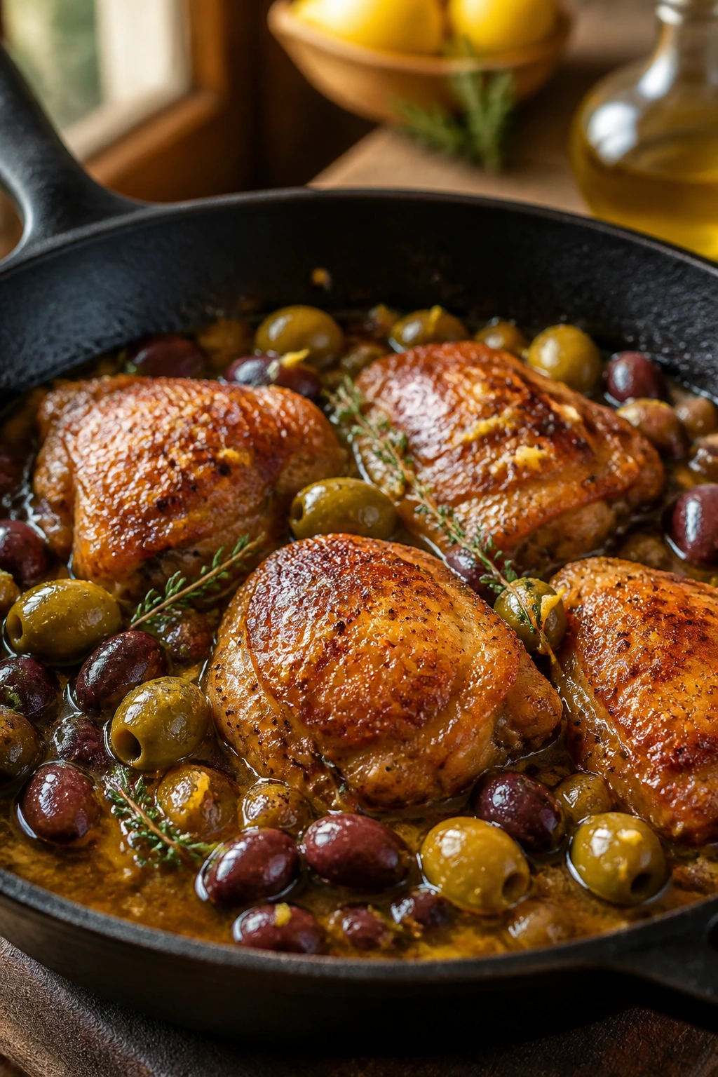 Close-up of crispy chicken with olives in a cast-iron skillet