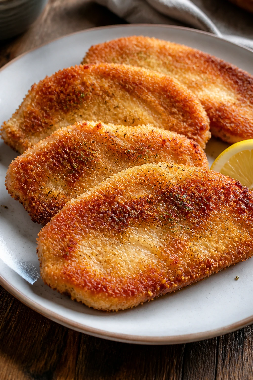 Close-up of crispy chicken cutlets with panko crust on a plate, lemon wedge, warm kitchen setting
