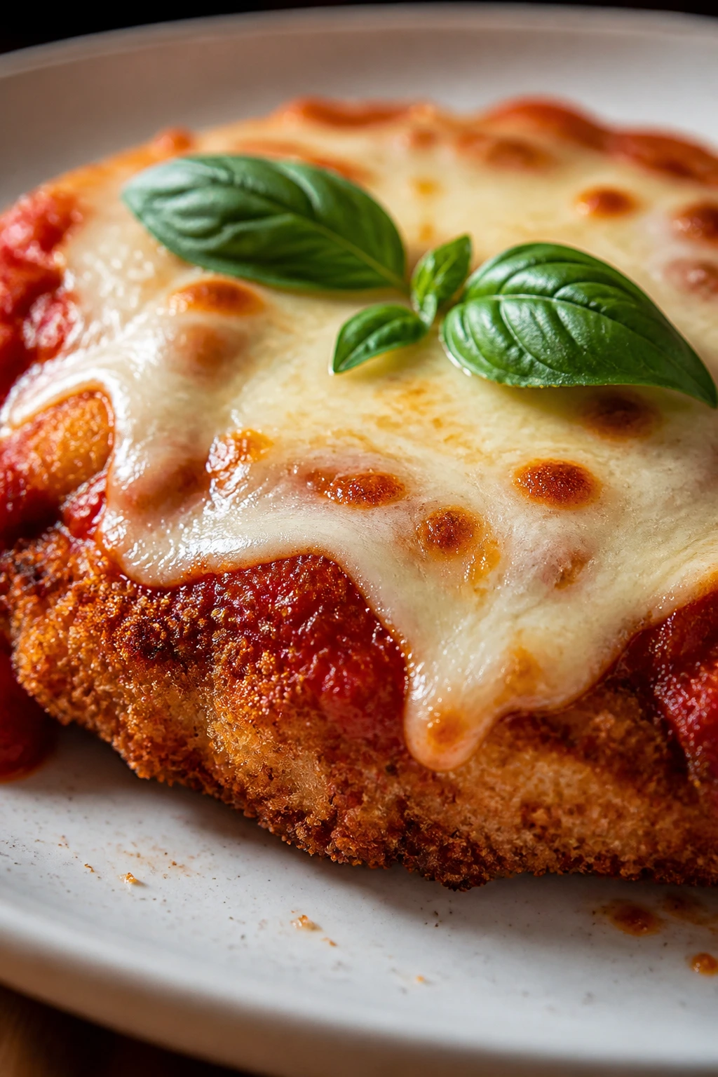 Crispy chicken parmesan with melted mozzarella and basil