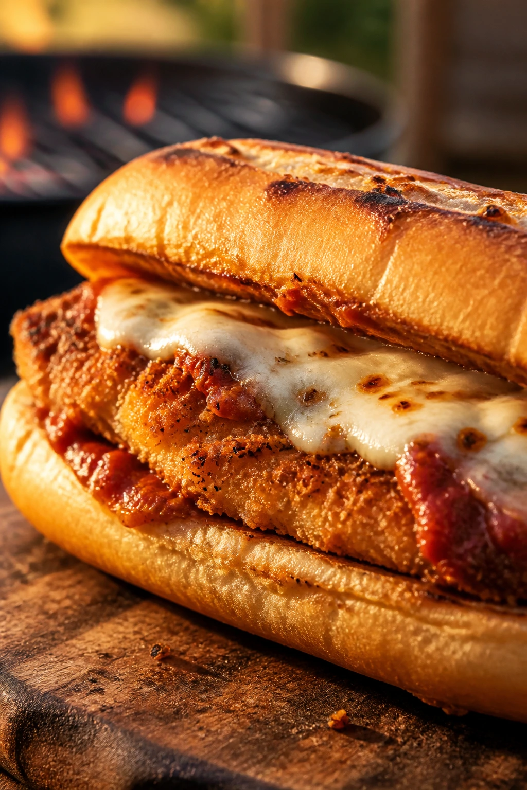 Close-up of Crispy Chicken Parmesan Sandwich on wooden board with mozzarella and marinara