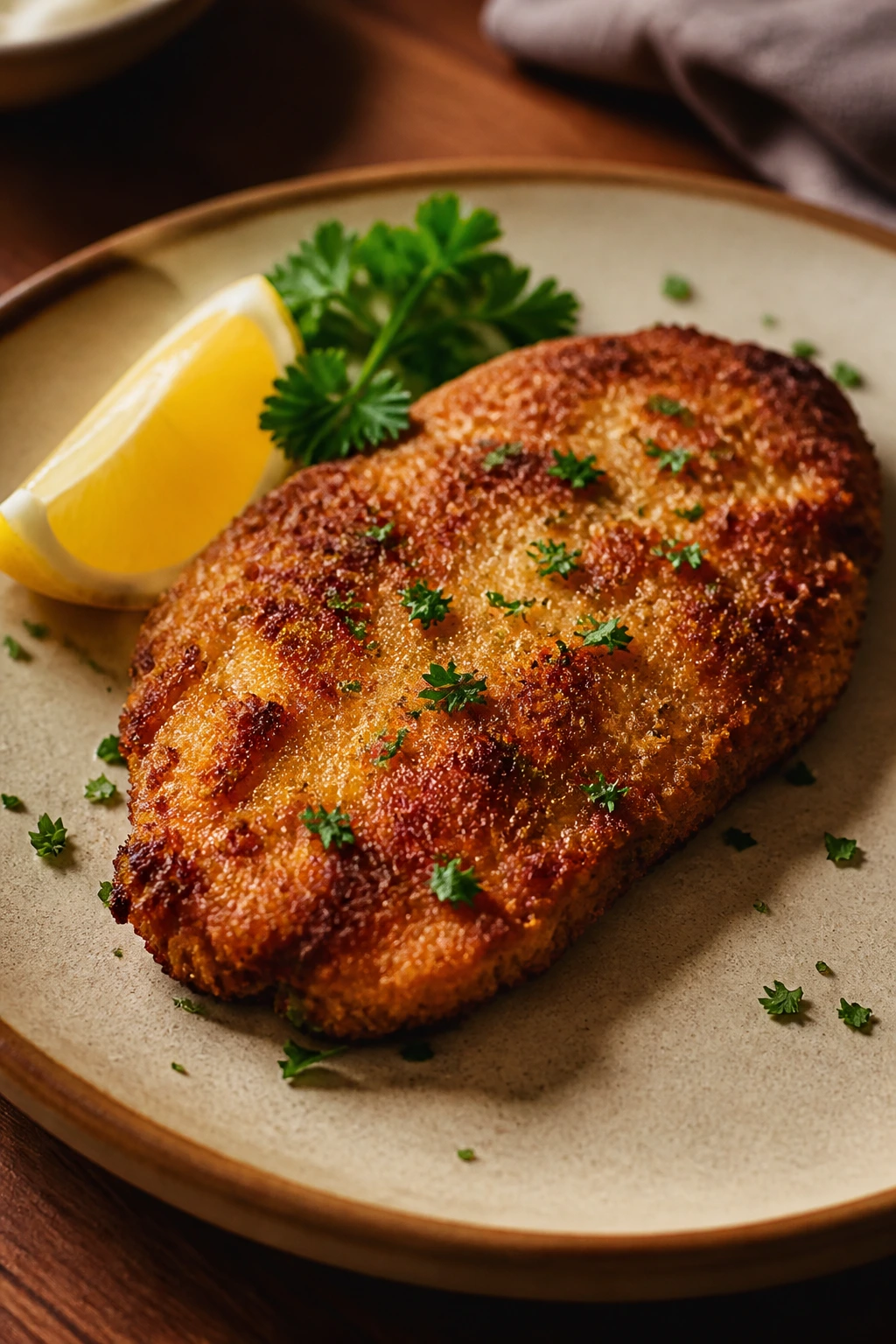 Plated crispy chicken cutlet with lemon wedge and parsley on a warm plate.