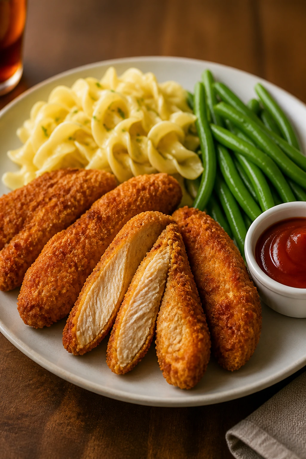 Plate of crispy chicken with buttered noodles and green beans on the side.